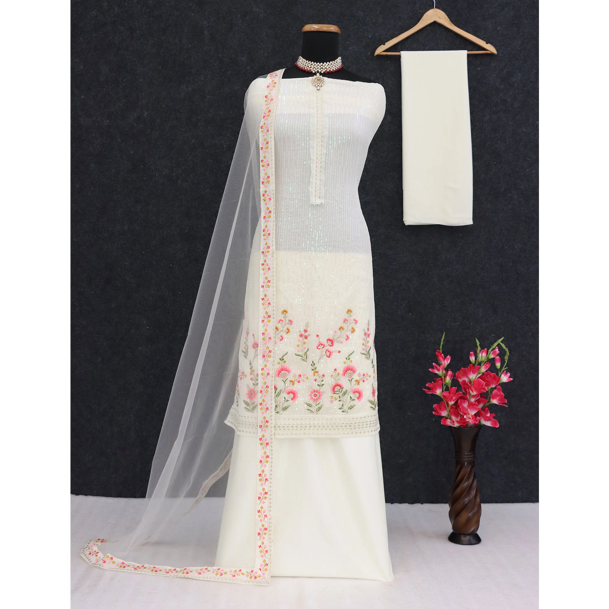 Cream Floral Sequins Embroidery Georgette Semi Stitched Pakistani Suit - Image 4