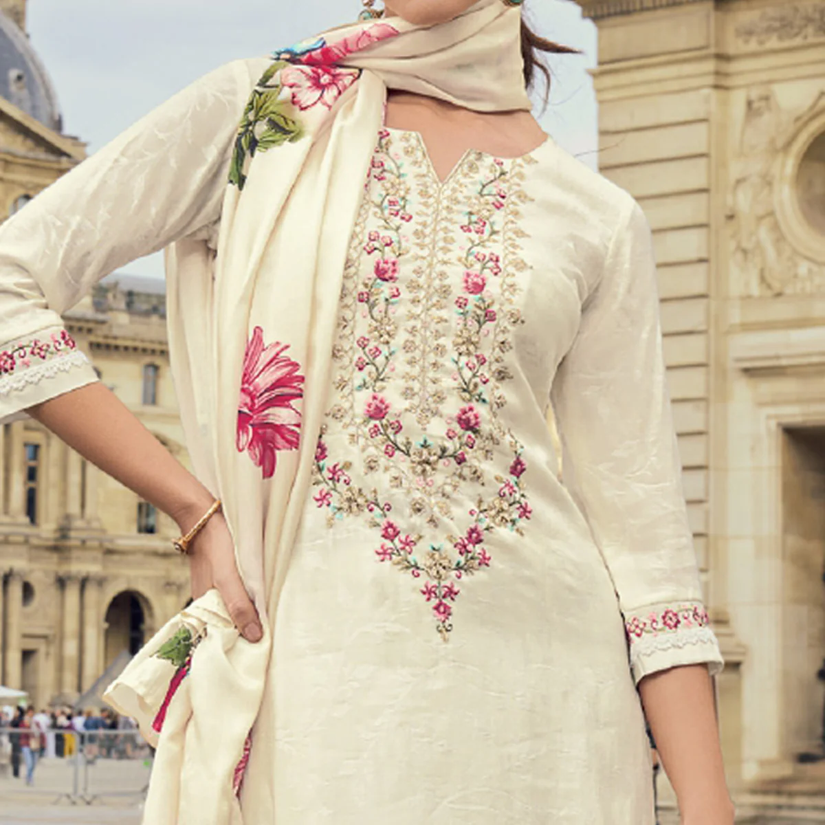 Cream Floral Sequins Embroidery With Handwork Viscose Salwar Suit - Image 3