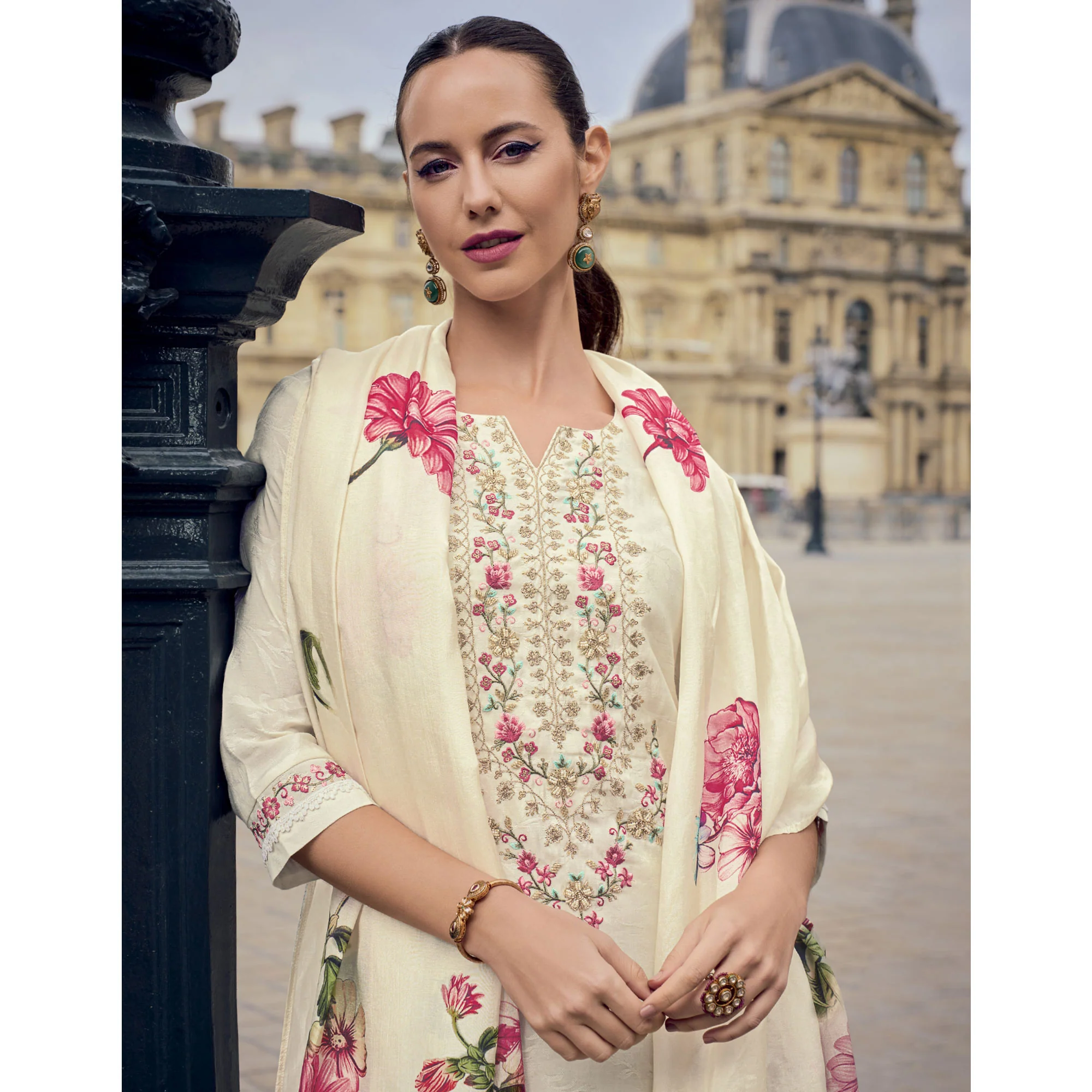 Cream Floral Sequins Embroidery With Handwork Viscose Salwar Suit - Image 5