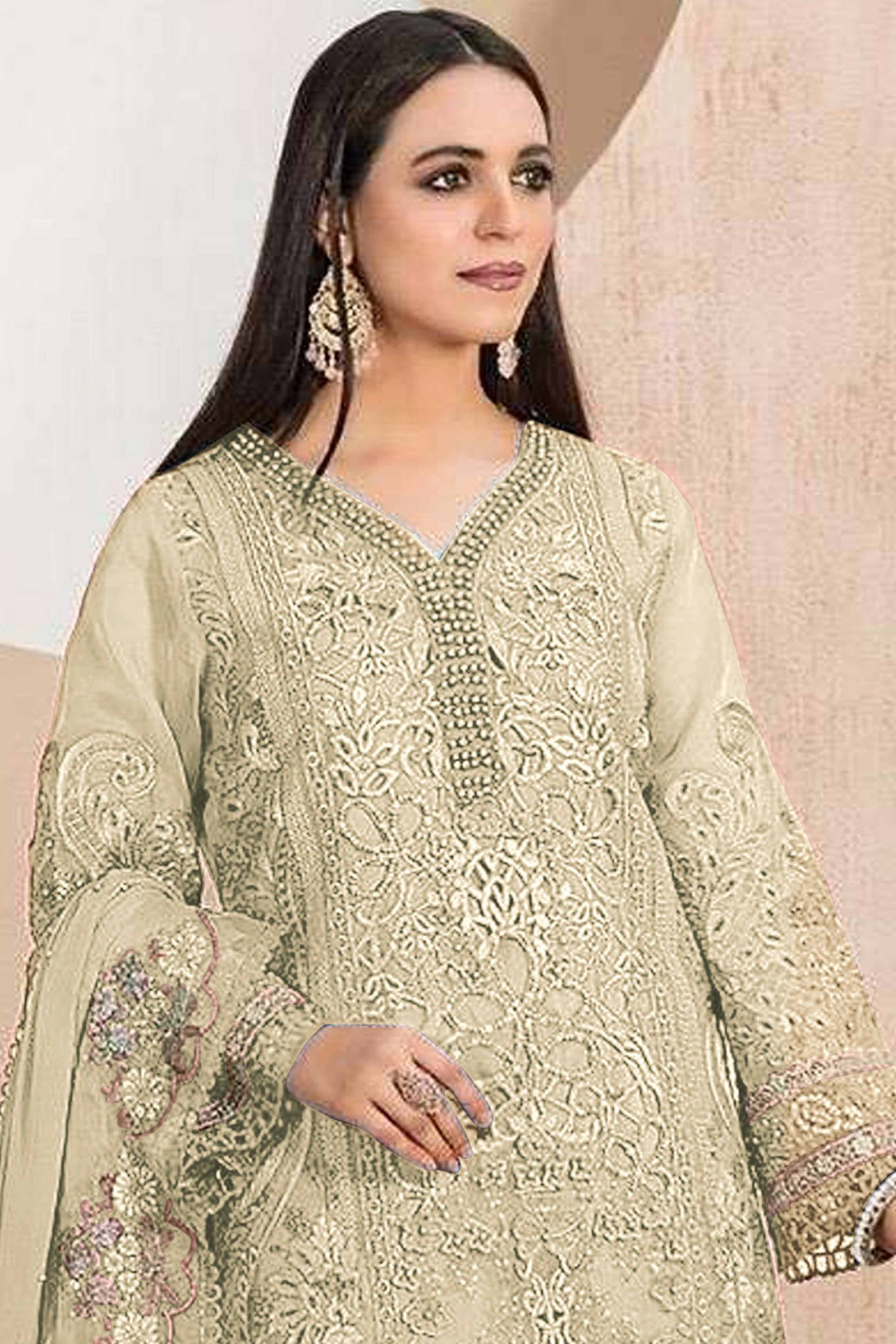 Cream Floral Sequins Embroidery With Motiwork Organza Semi Stitched Pakistani Suit - Image 3
