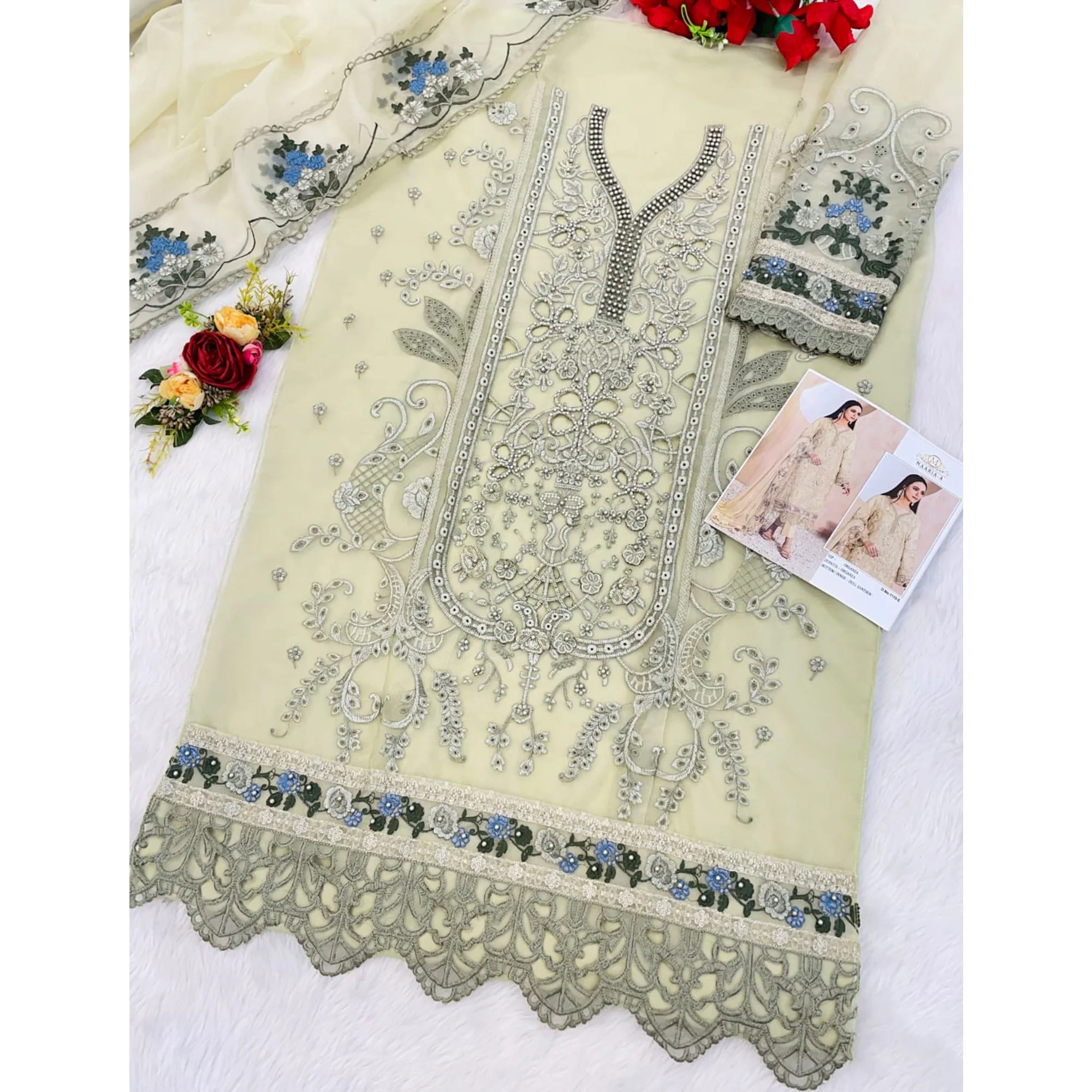 Cream Floral Sequins Embroidery With Motiwork Organza Semi Stitched Pakistani Suit - Image 4