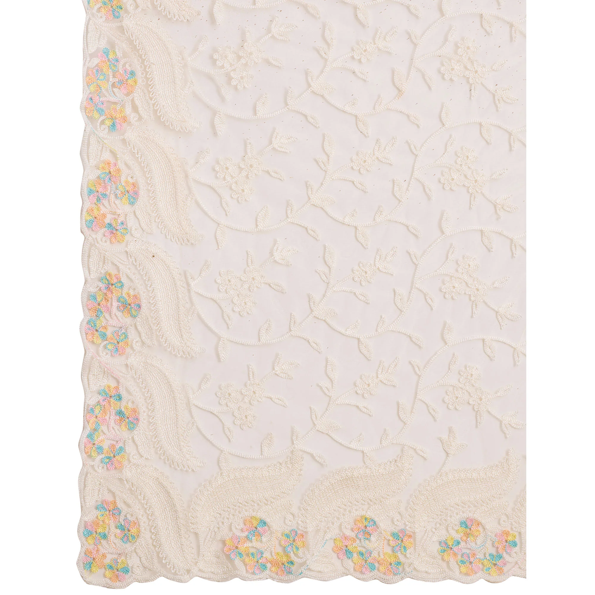 Cream Floral Thread Embroidered Net Saree - Image 9