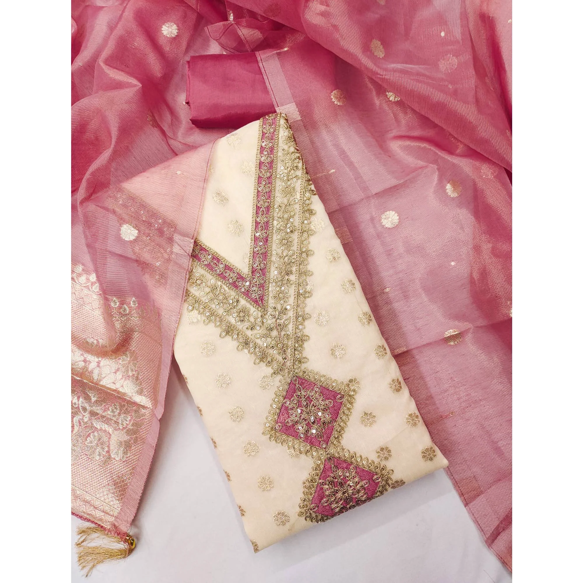 Cream & Gajari Pink Shimmer Featuring Floral Butti Weaving With Cording Embroidered Dress Material - Image 3