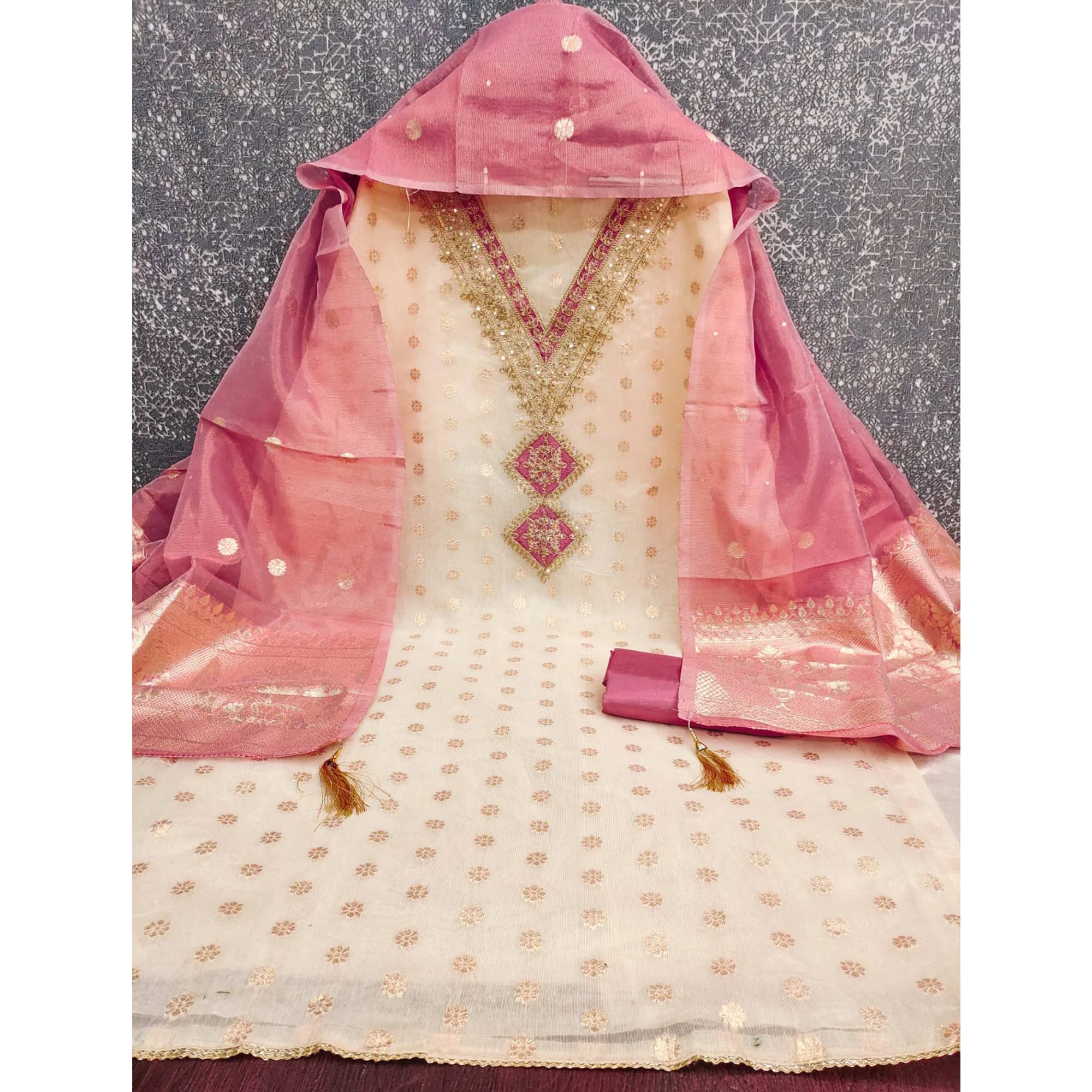 Cream & Gajari Pink Shimmer Featuring Floral Butti Weaving With Cording Embroidered Dress Material - Image 4