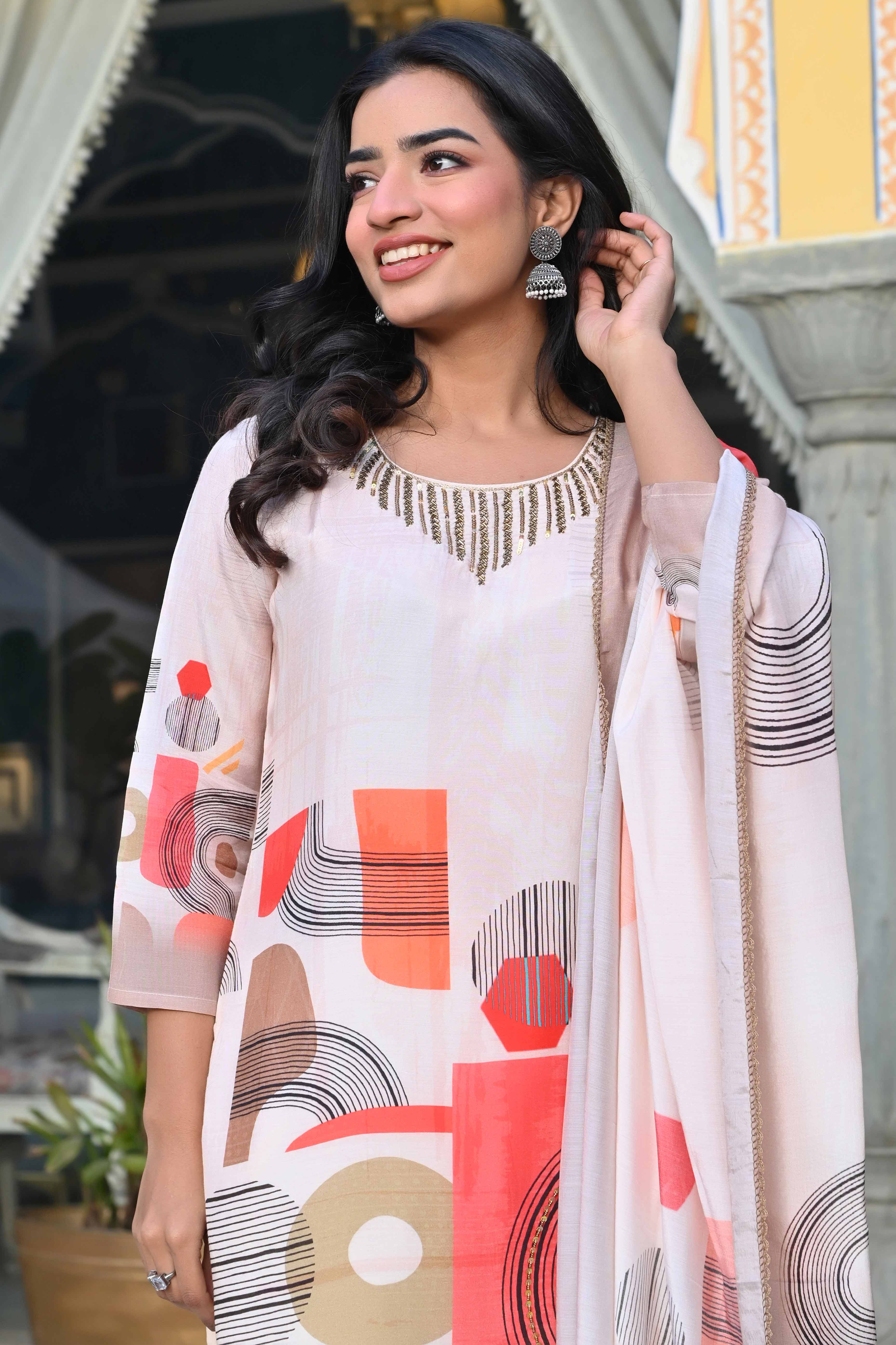 Cream Geometric Printed Muslin Straight Salwar Suit - Image 8
