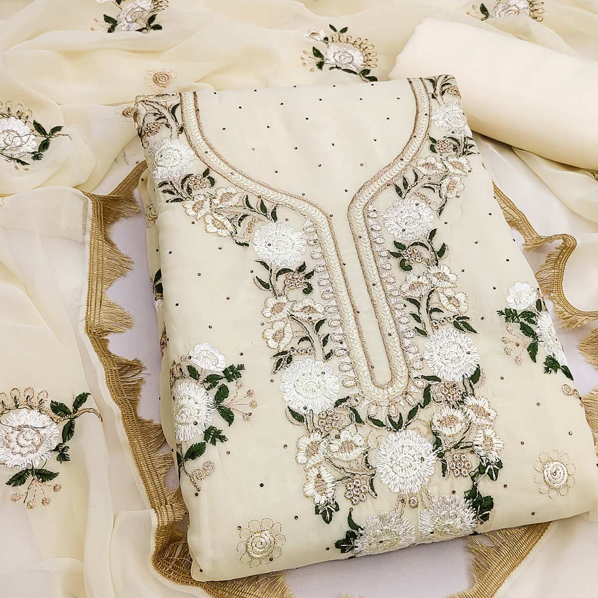 Cream Georgette Dress Material With Exquisite Floral Embroidery & Shimmering Stonework - Image 2