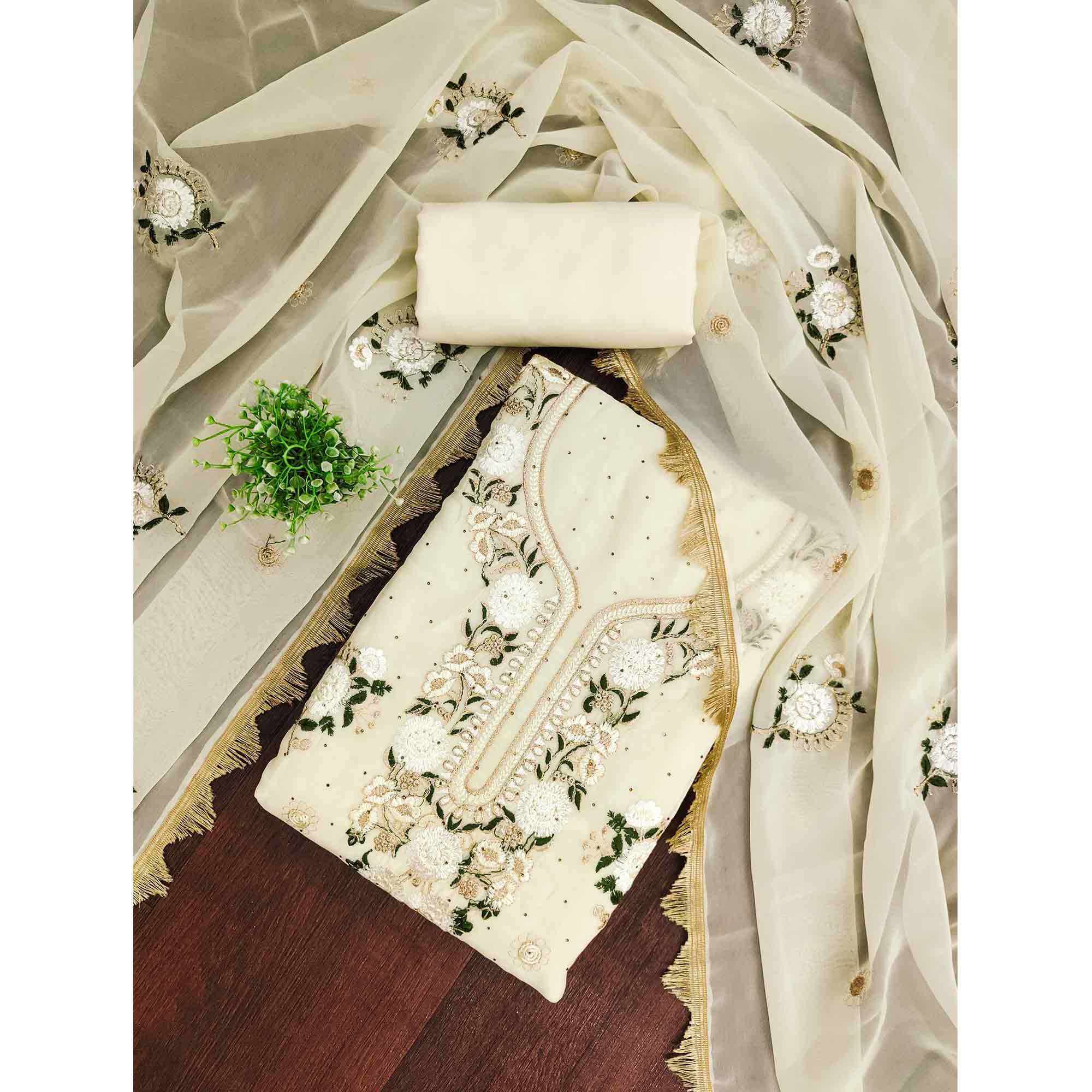 Cream Georgette Dress Material With Exquisite Floral Embroidery & Shimmering Stonework - Image 3