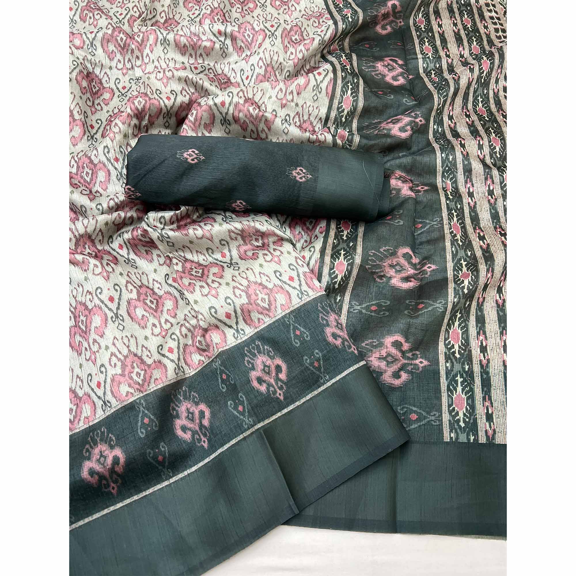 Cream & Green Art Silk Saree Featuring Modern Digital Print & Tassel Pallu - Image 3