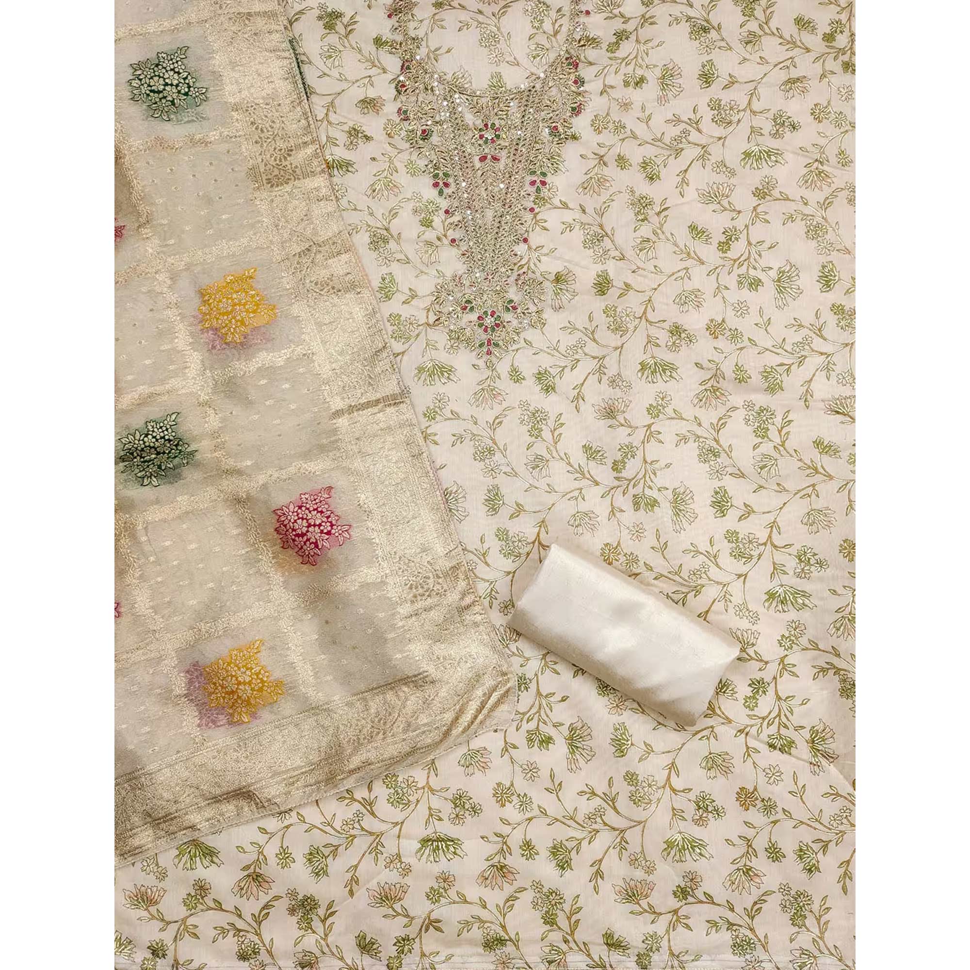 Cream & Green Floral Printed Chanderi Silk Dress Material Adorned with Fine Embroidered Work - Image 4
