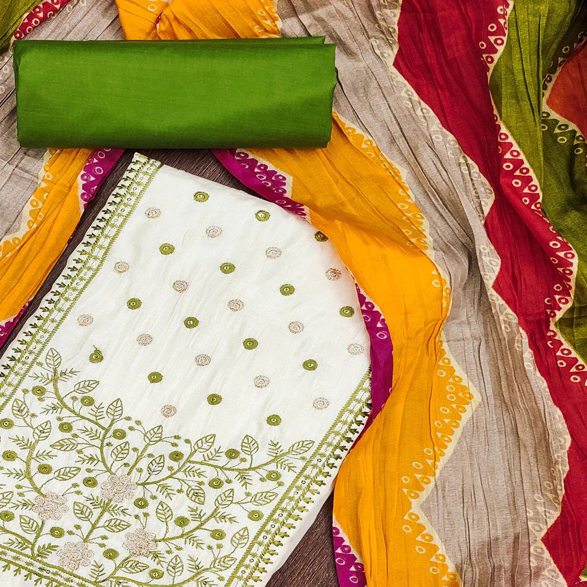 Cream & Green Floral Sequins Embroidered Cotton Silk Dress Material - Image 2