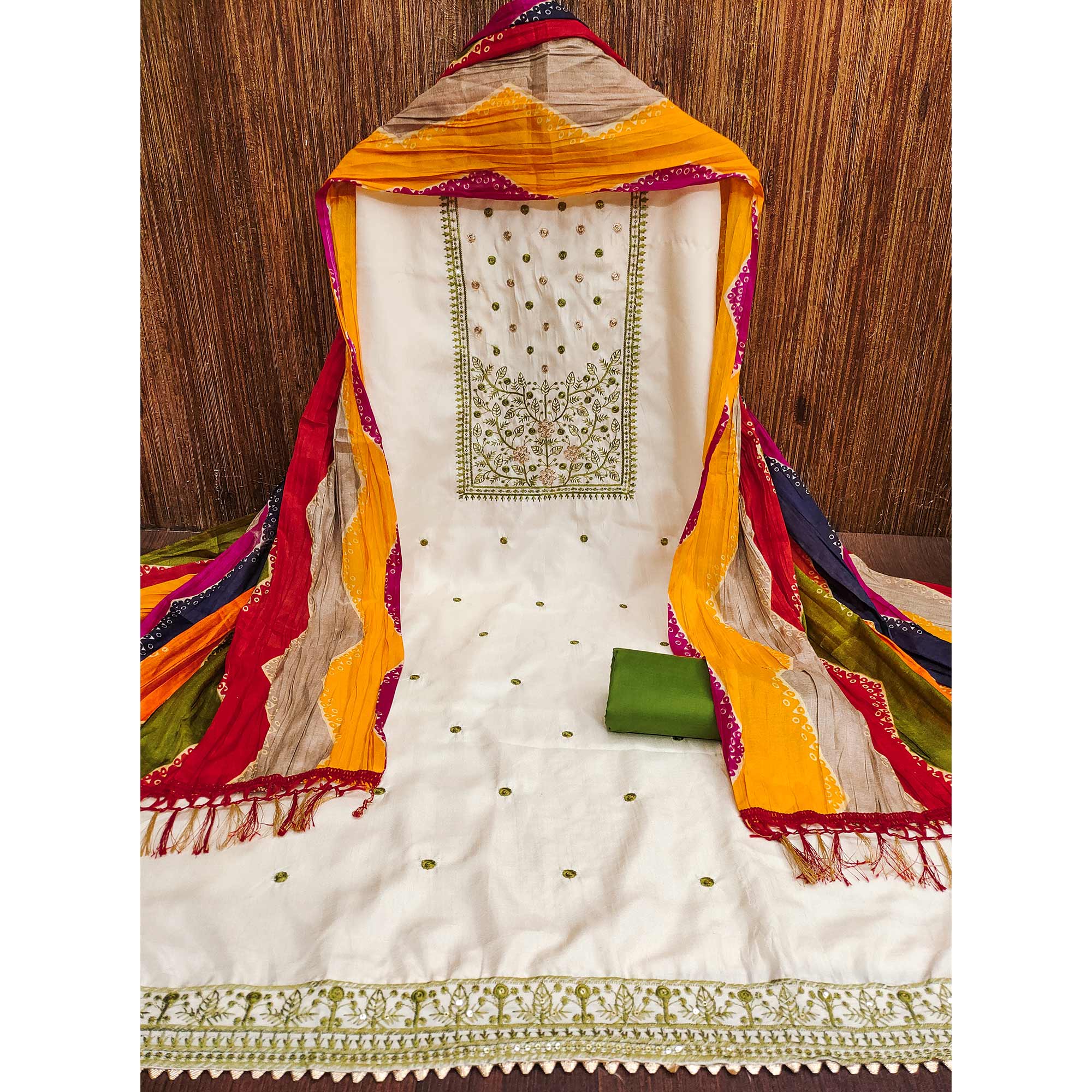 Cream & Green Floral Sequins Embroidered Cotton Silk Dress Material - Image 3
