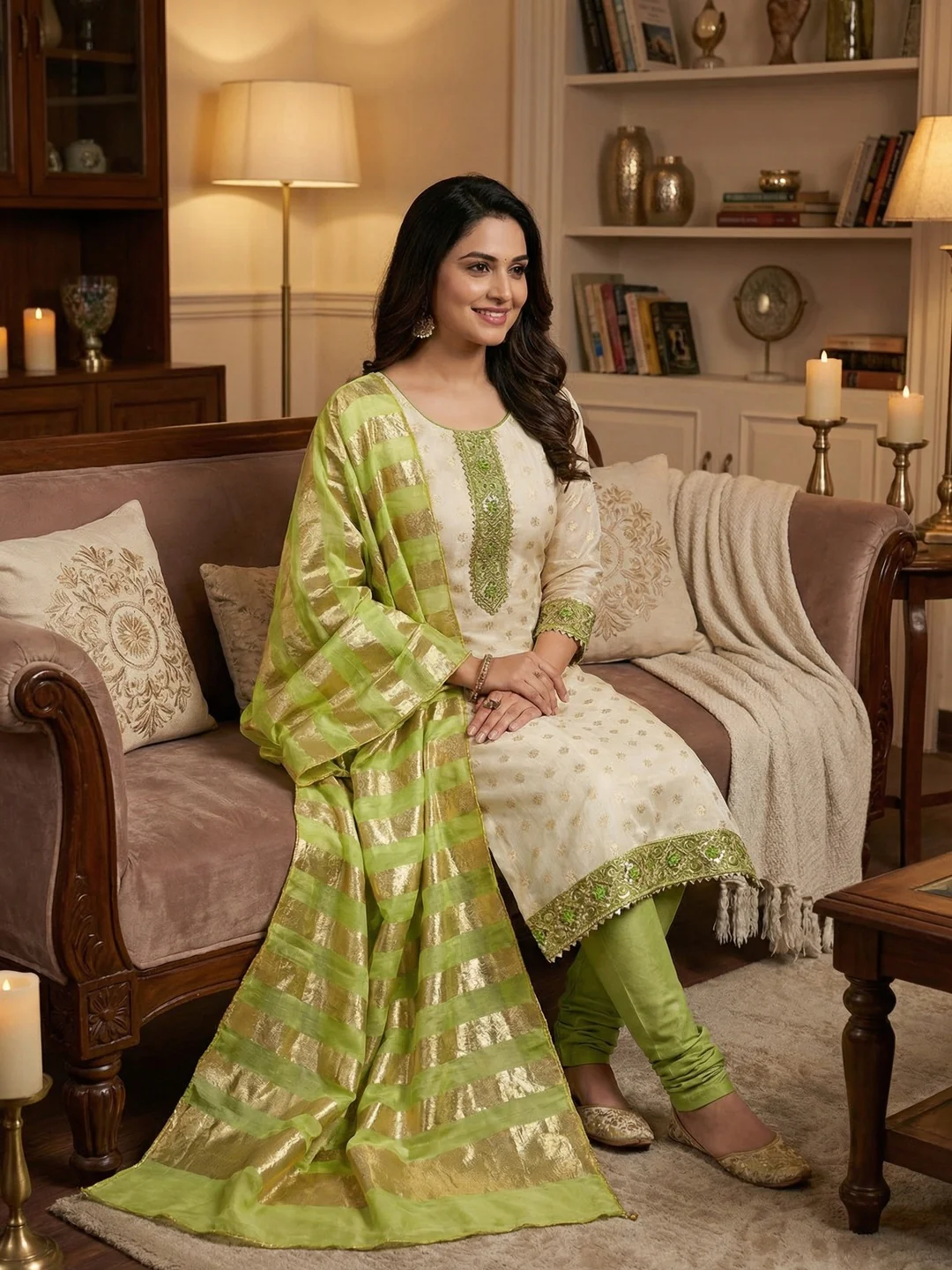 Cream & Green Floral Weaving Shimmer Dress Material Adorned With Elegant Sequins Embroidery