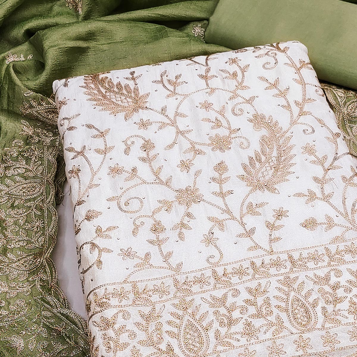 Cream & Green Lustrous Vichitra Silk Dress Material Accented with Artistic Thread Embroidery - Image 2