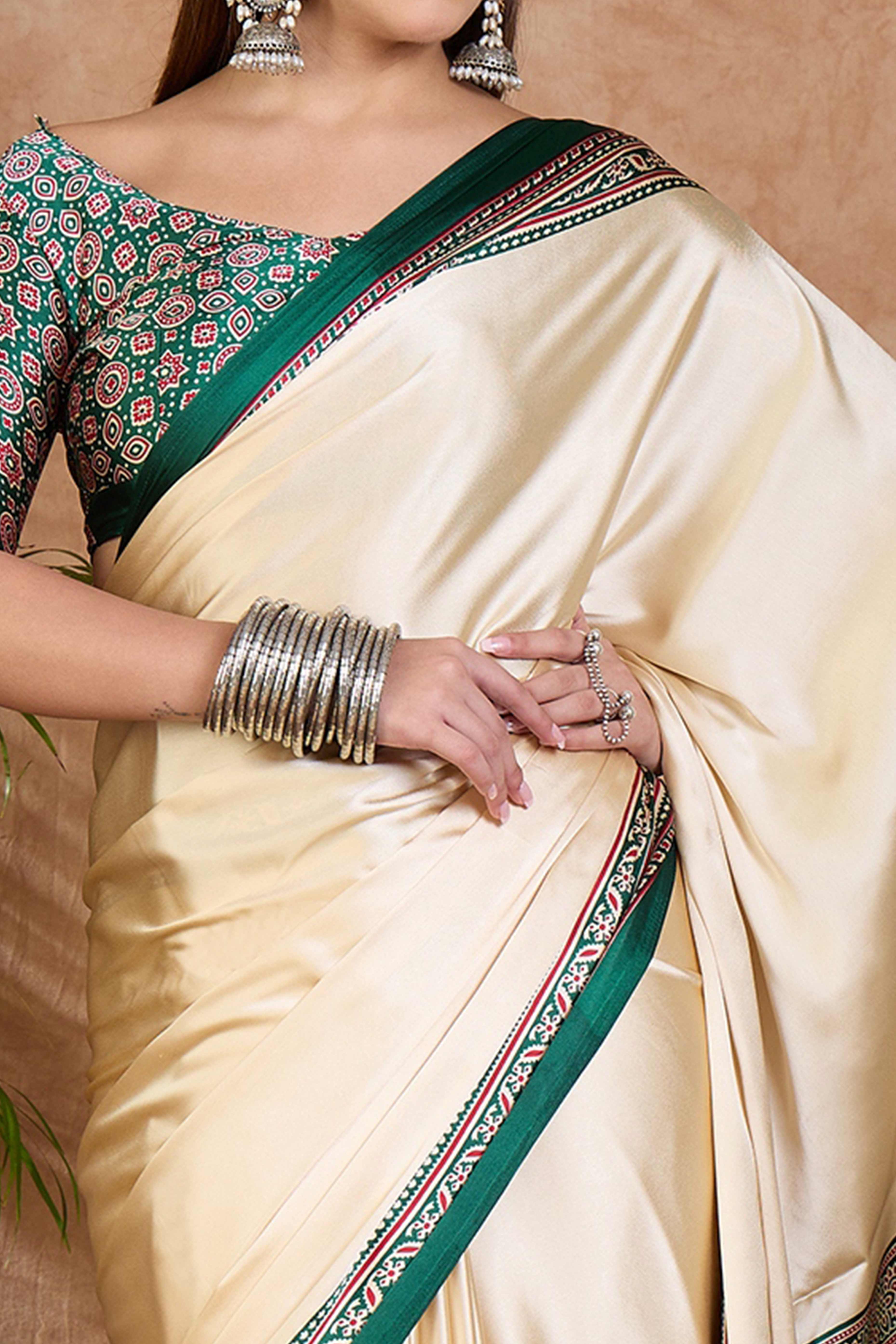 Cream & Green Modal Satin Saree Featuring a Solid Base and Artisanal Ajrakh Pallu - Image 2