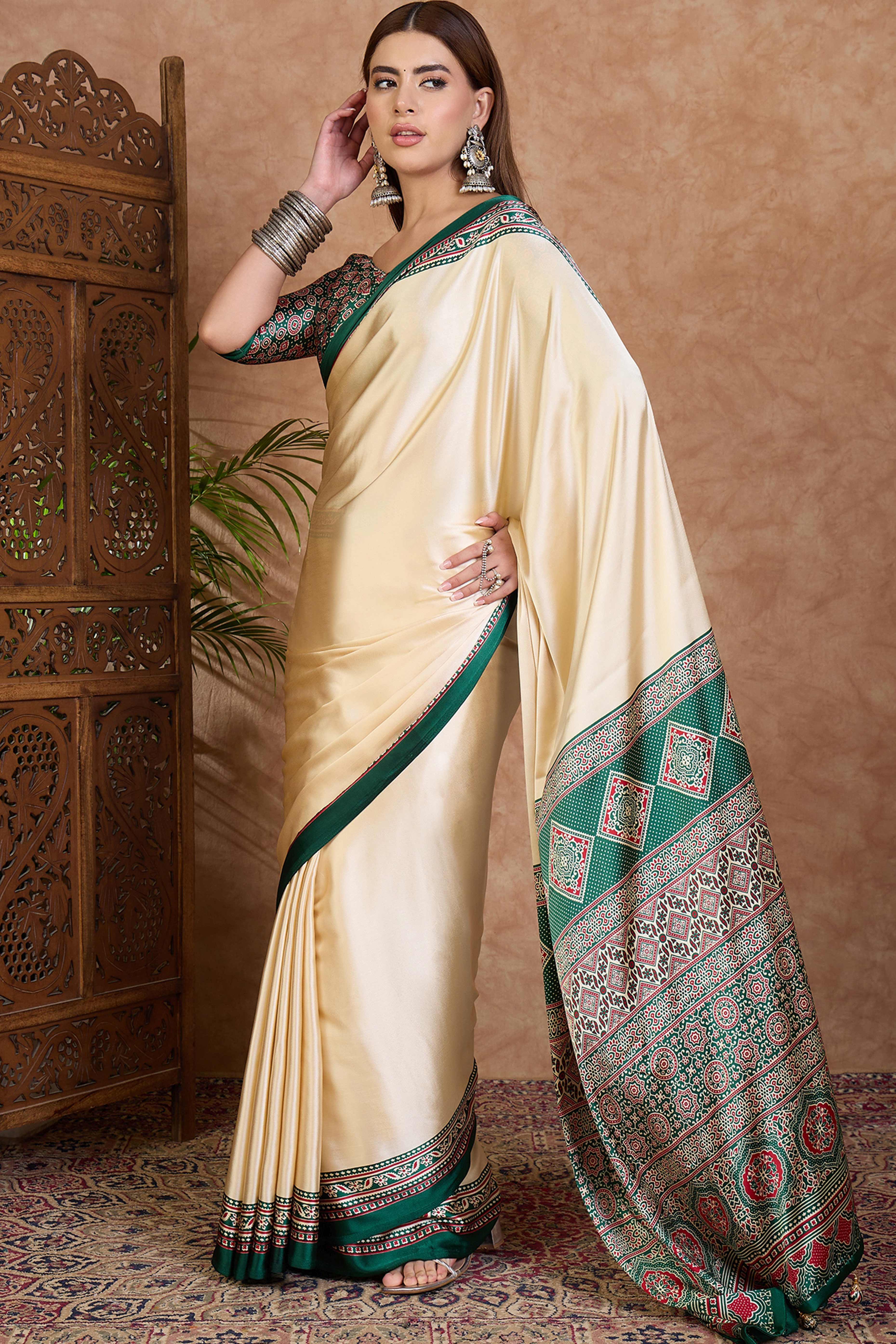 Cream & Green Modal Satin Saree Featuring a Solid Base and Artisanal Ajrakh Pallu - Image 3