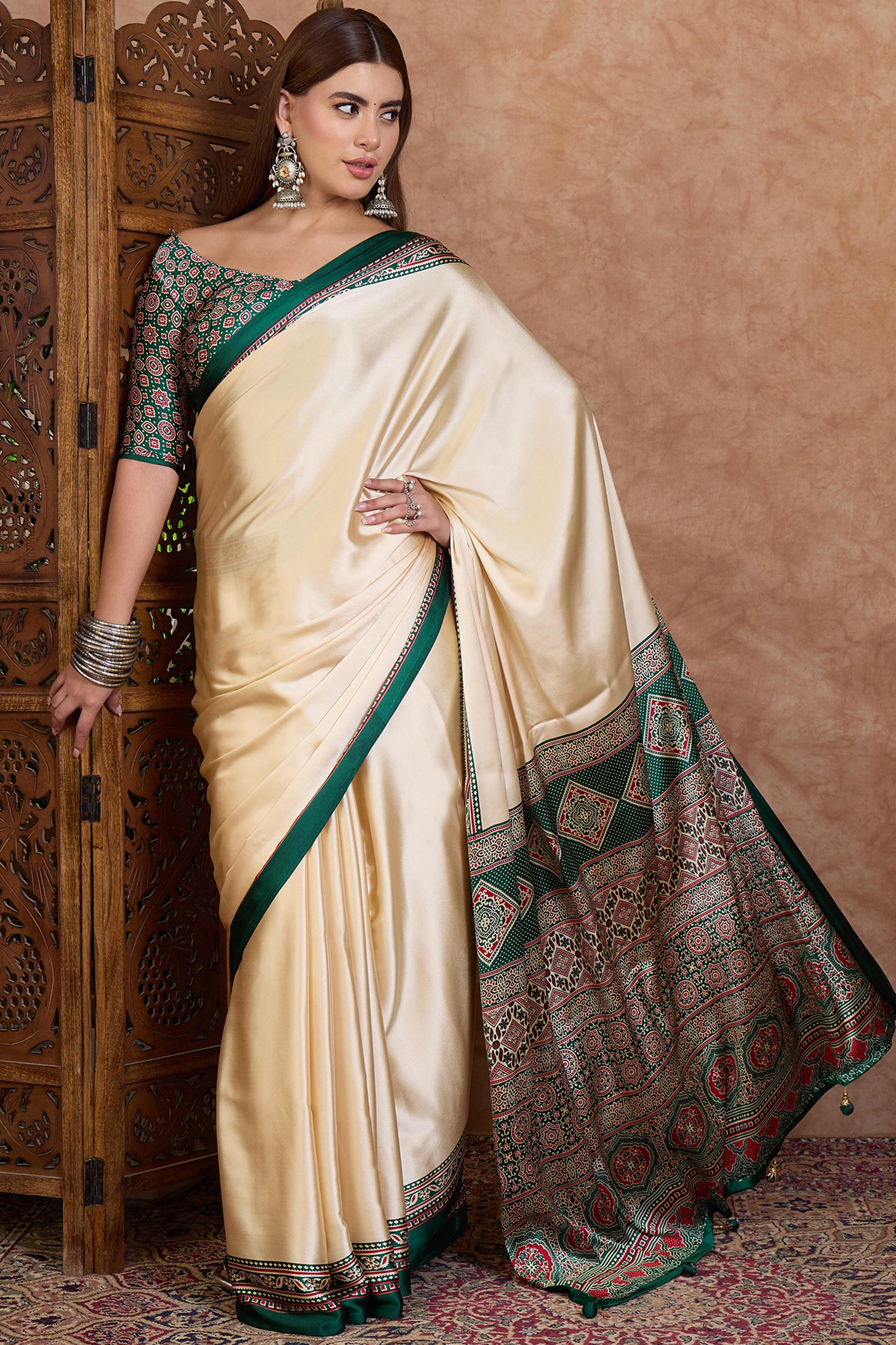 Cream & Green Modal Satin Saree Featuring a Solid Base and Artisanal Ajrakh Pallu - Image 4