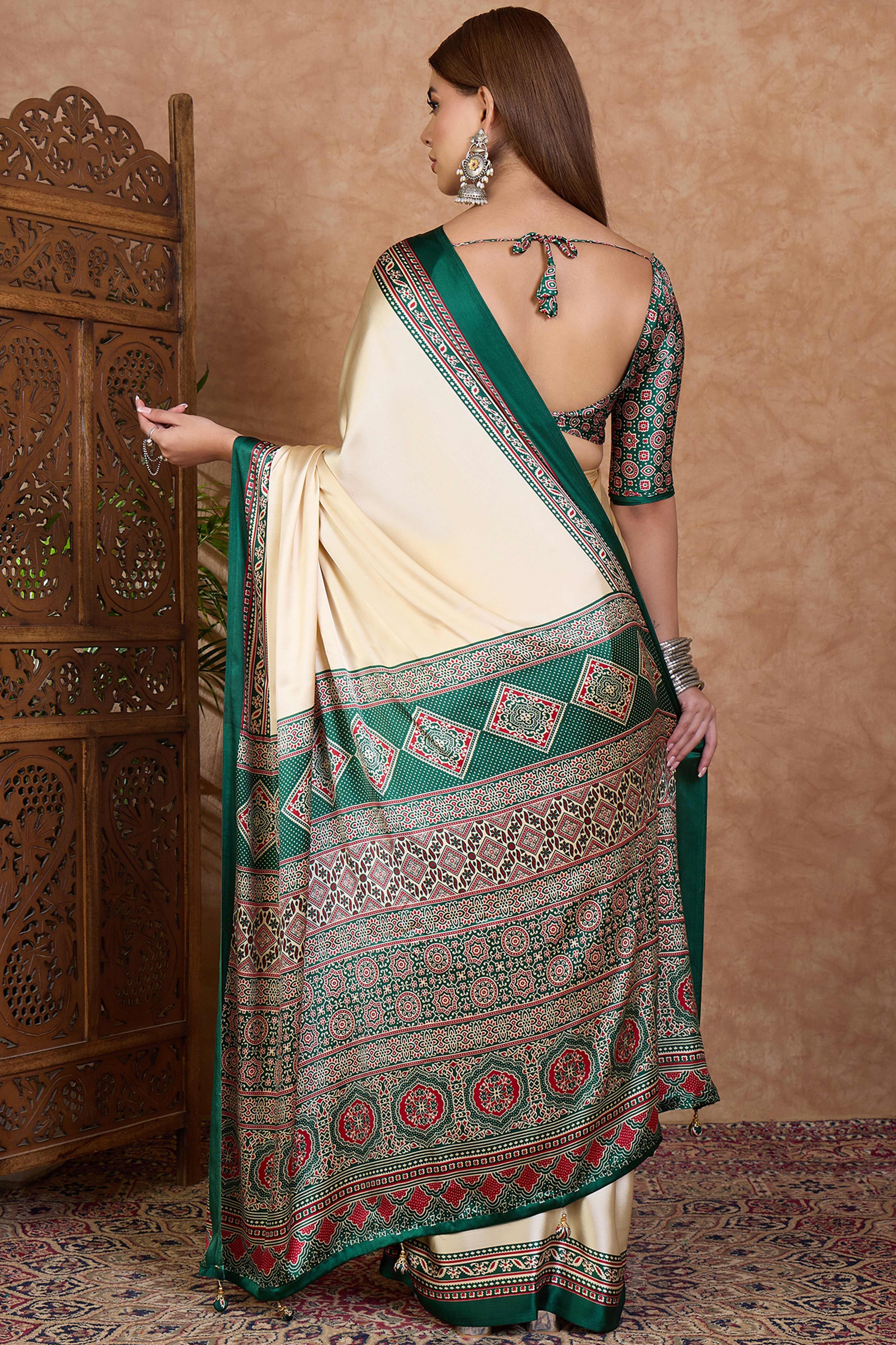 Cream & Green Modal Satin Saree Featuring a Solid Base and Artisanal Ajrakh Pallu - Image 5