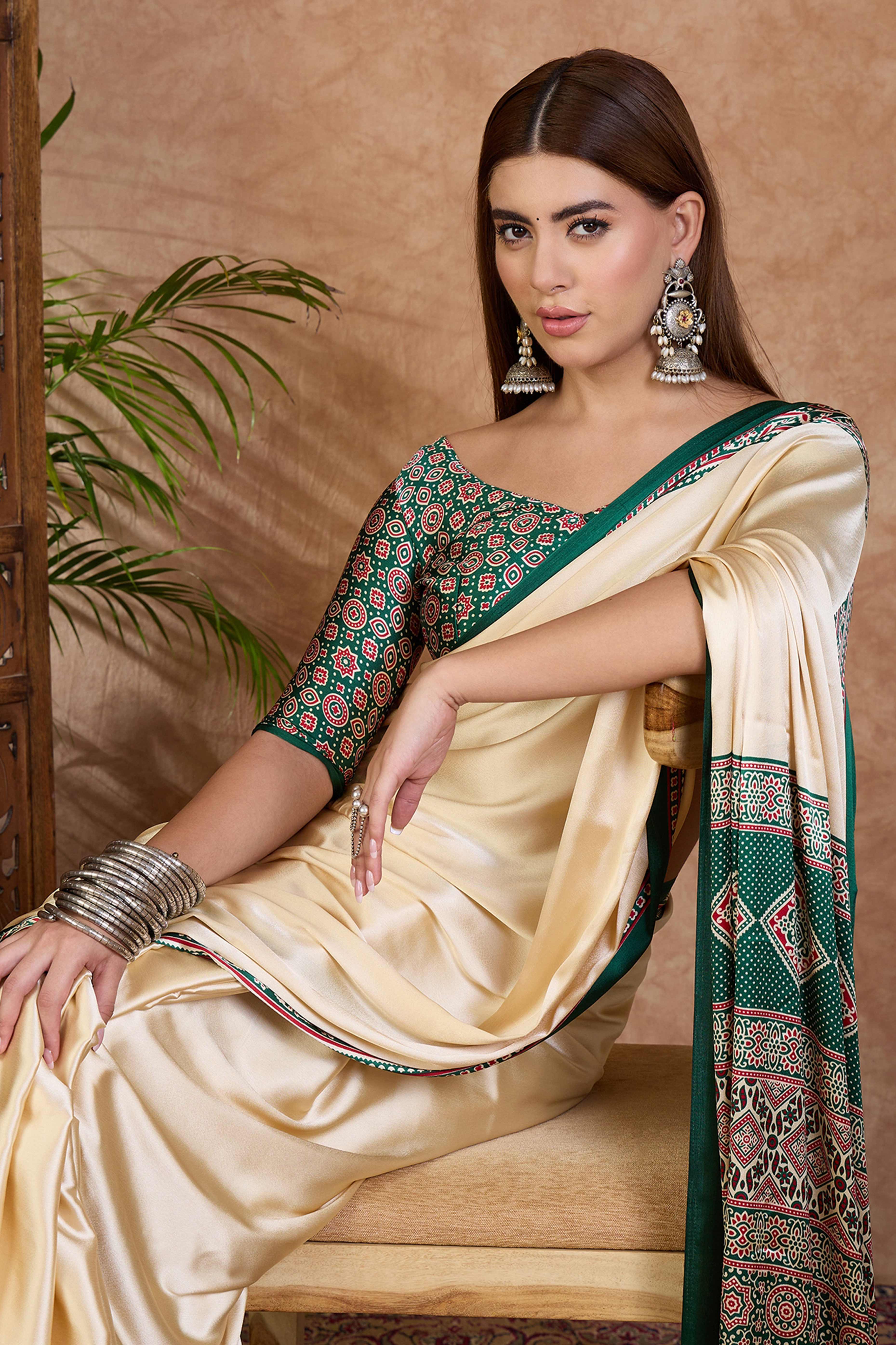 Cream & Green Modal Satin Saree Featuring a Solid Base and Artisanal Ajrakh Pallu - Image 6
