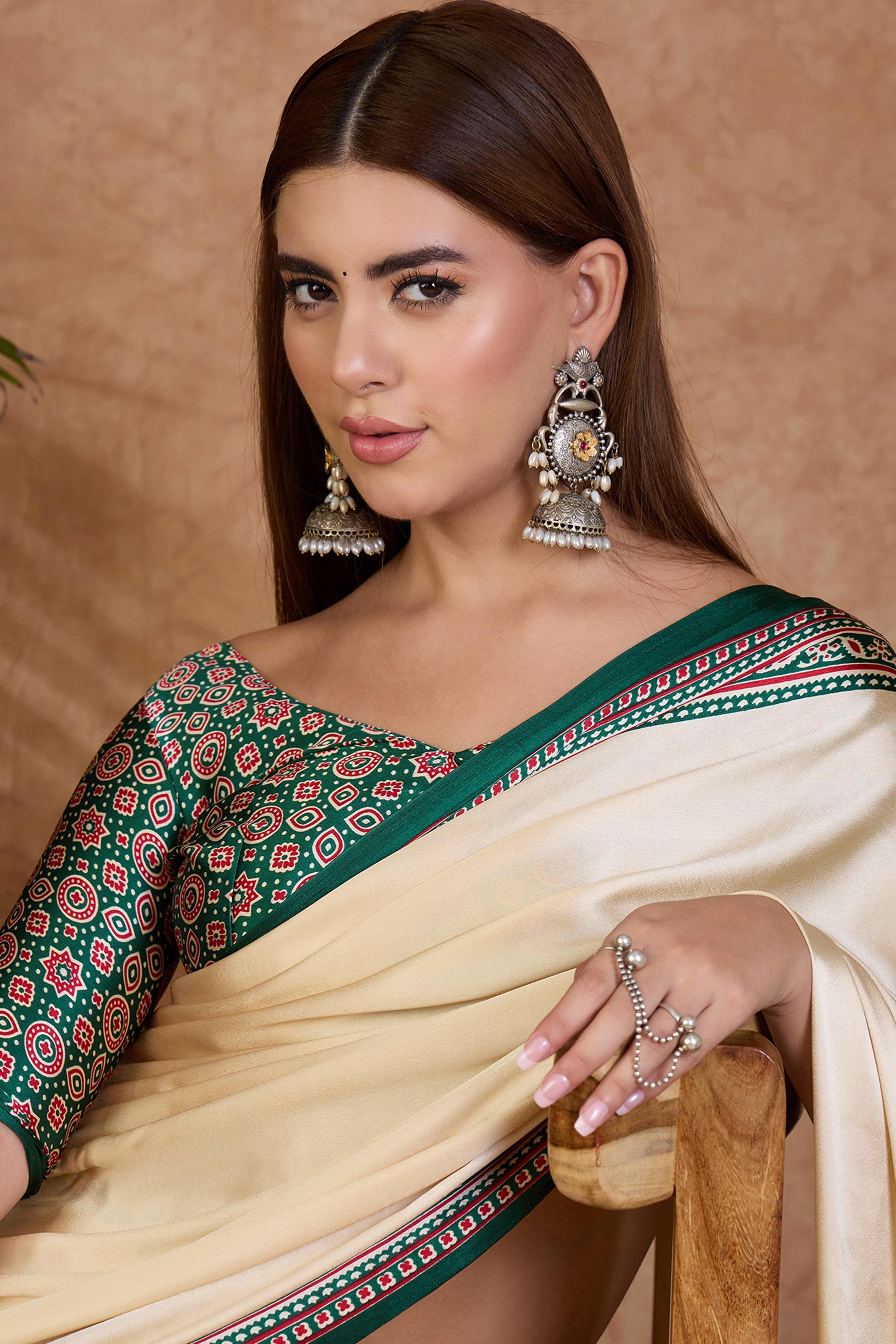 Cream & Green Modal Satin Saree Featuring a Solid Base and Artisanal Ajrakh Pallu - Image 7