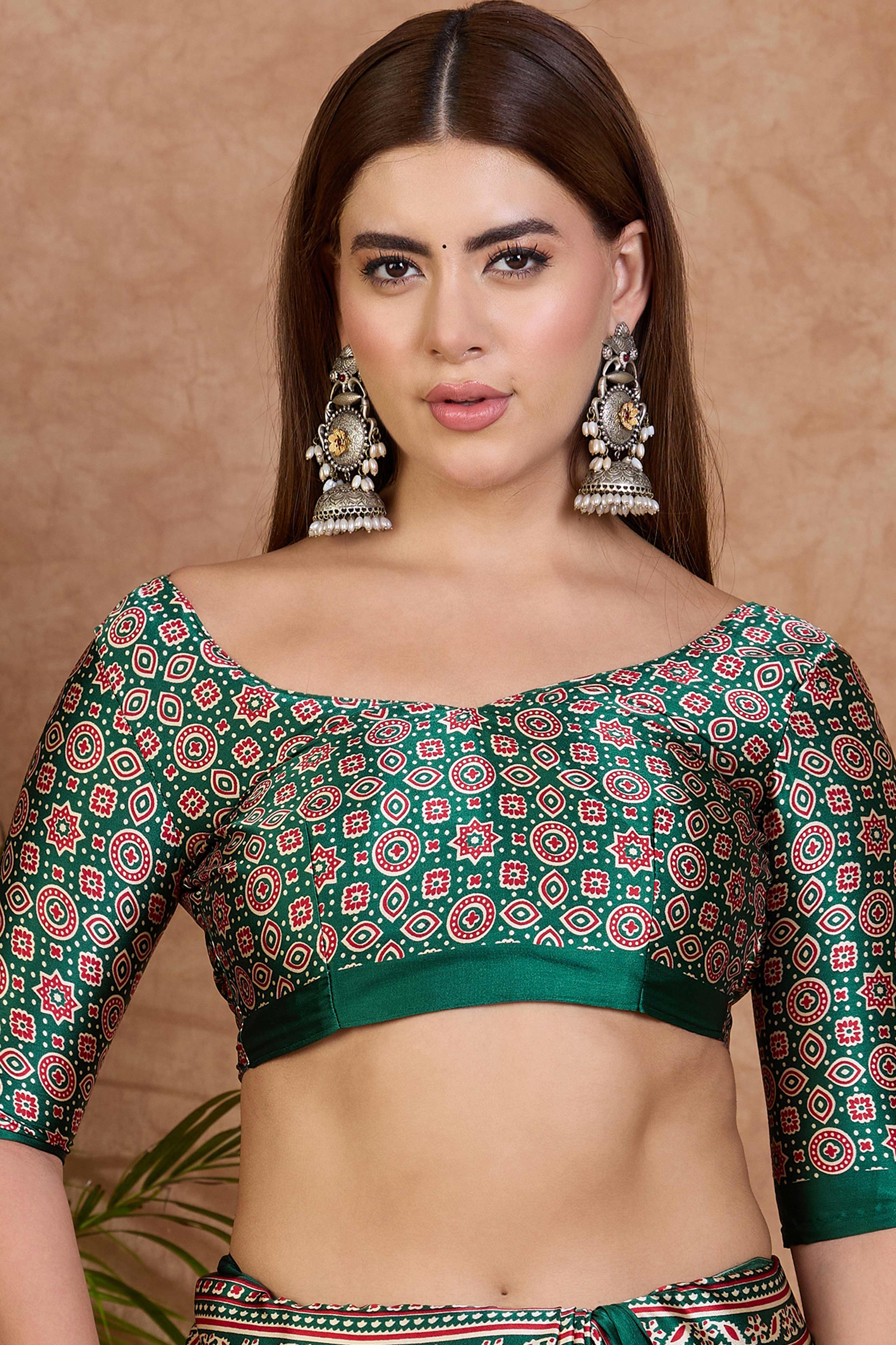 Cream & Green Modal Satin Saree Featuring a Solid Base and Artisanal Ajrakh Pallu - Image 8