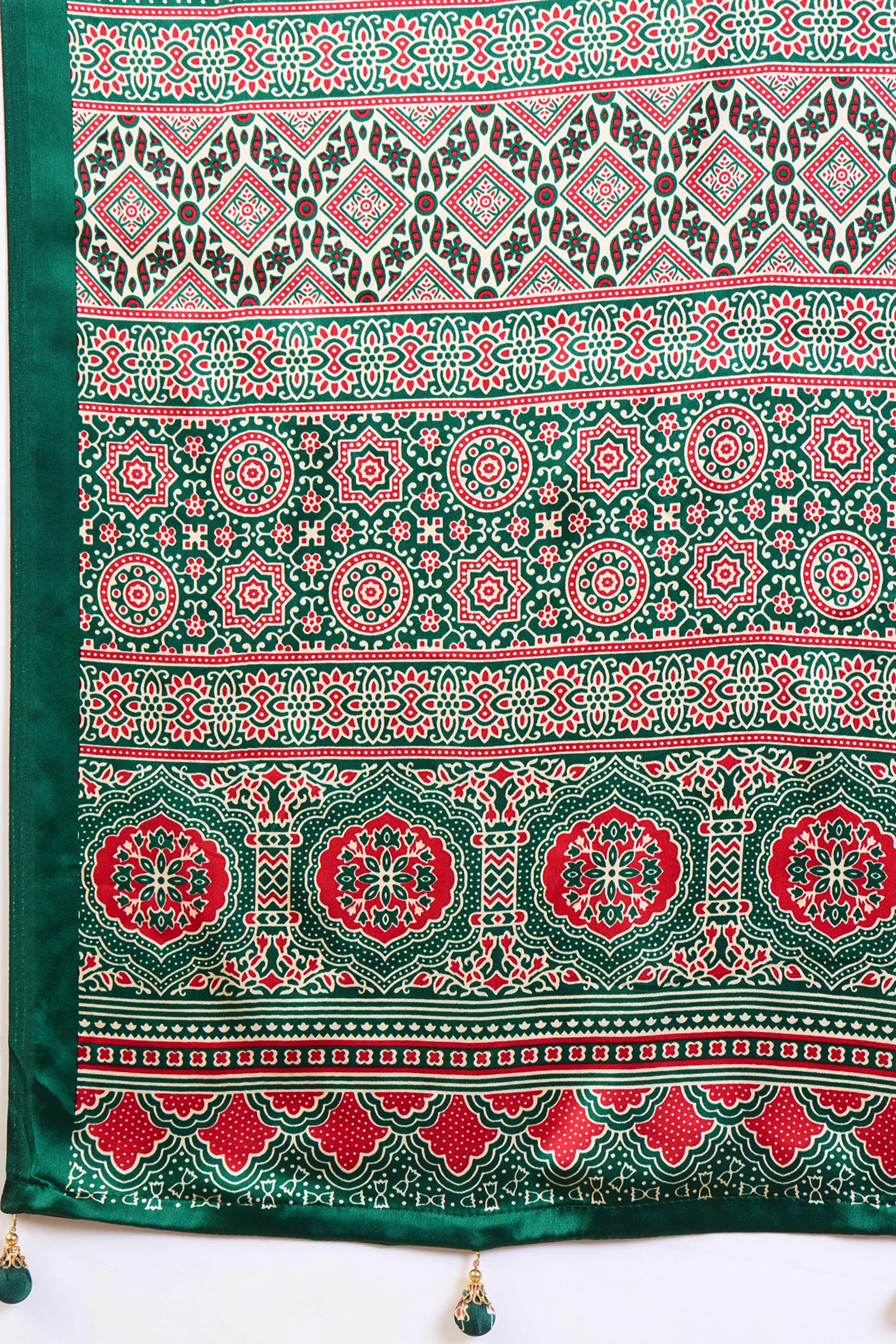 Cream & Green Modal Satin Saree Featuring a Solid Base and Artisanal Ajrakh Pallu - Image 9