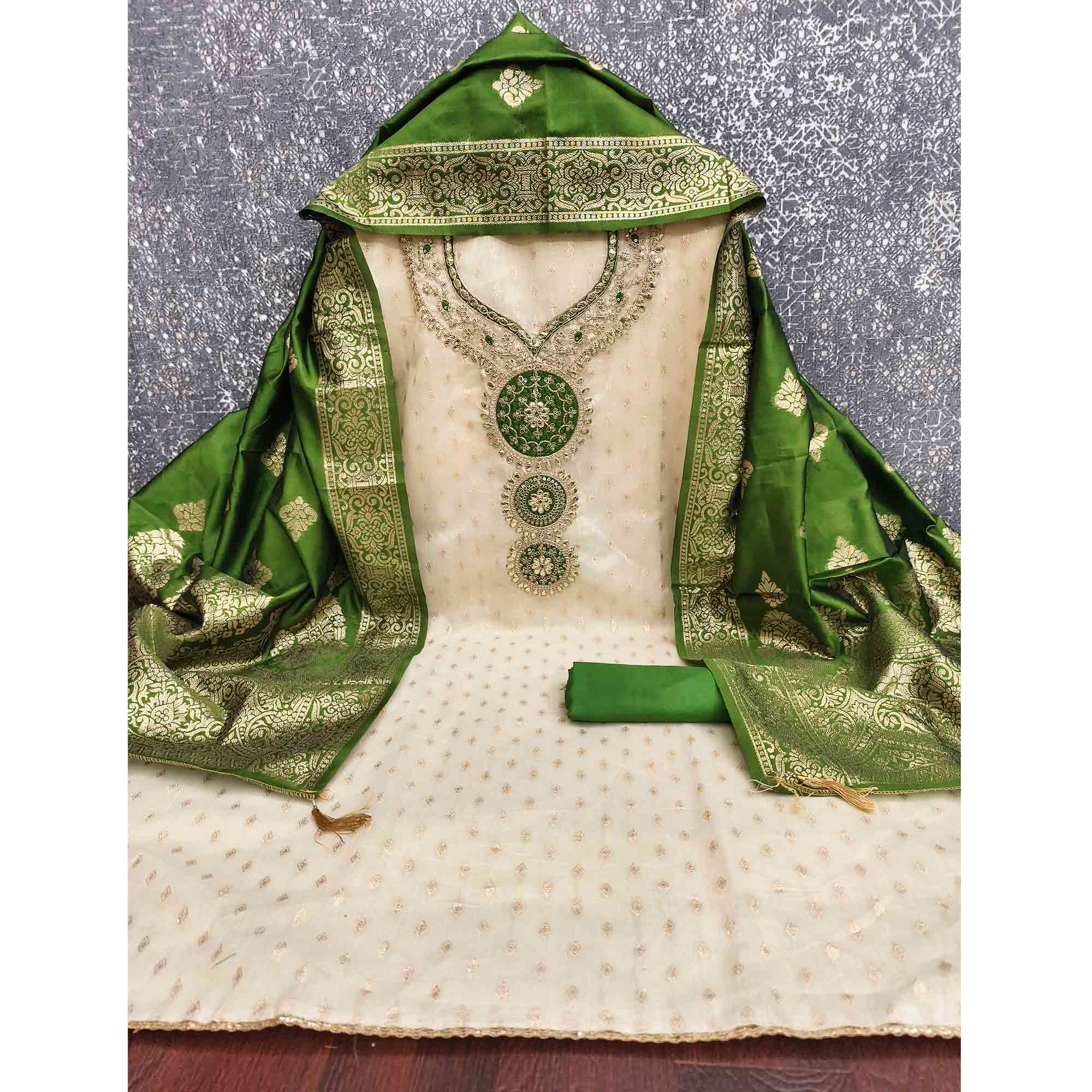 Cream & Green Shimmer Dress Material Featuring Intricate Zari Weaving With Cording Embroidery - Image 5