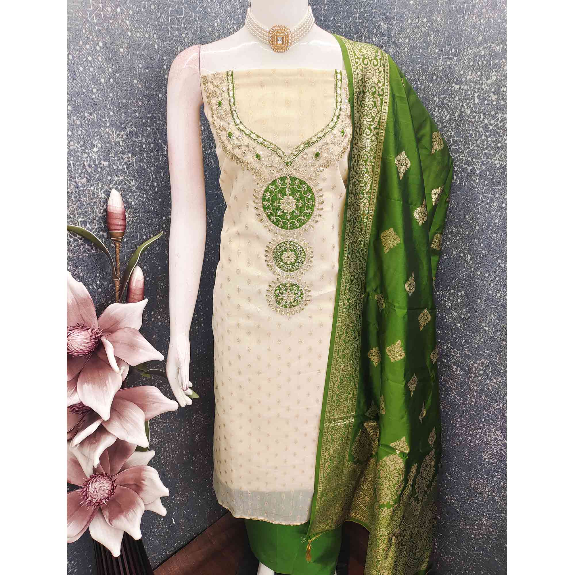 Cream & Green Shimmer Dress Material Featuring Intricate Zari Weaving With Cording Embroidery - Image 6