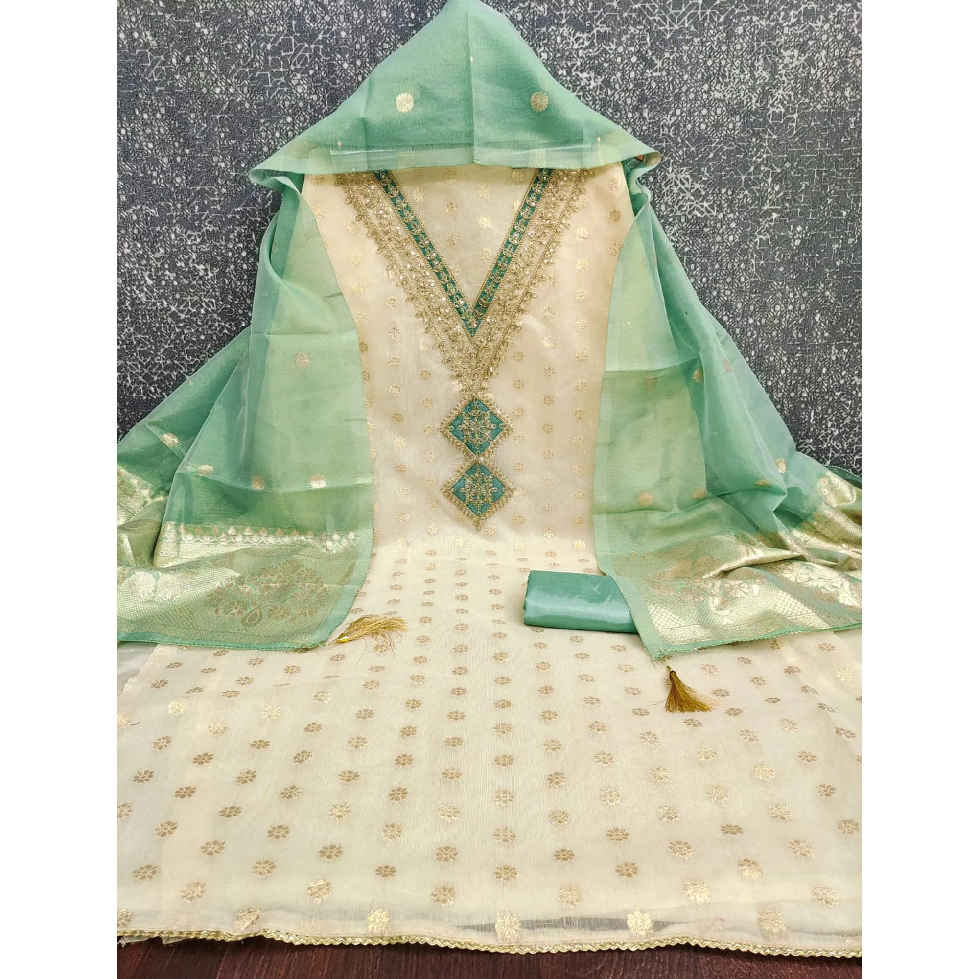 Cream & Green Shimmer Featuring Floral Butti Weaving With Cording Embroidered Dress Material - Image 4