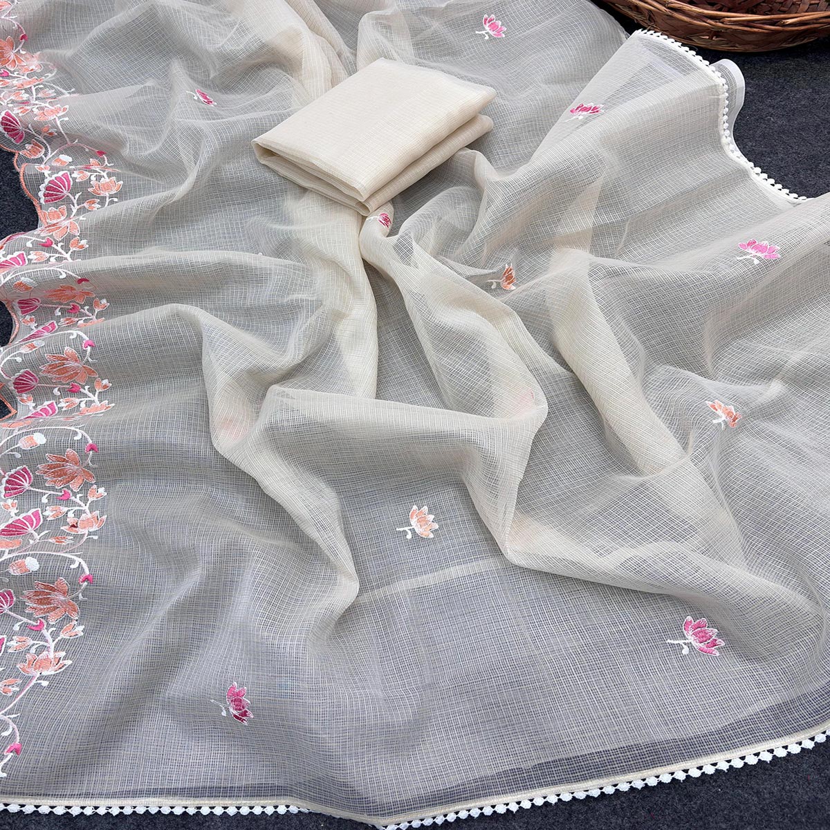 Cream Handwoven Kota Doria Saree Featuring Rich Gota Work for a Festive Look - Image 2