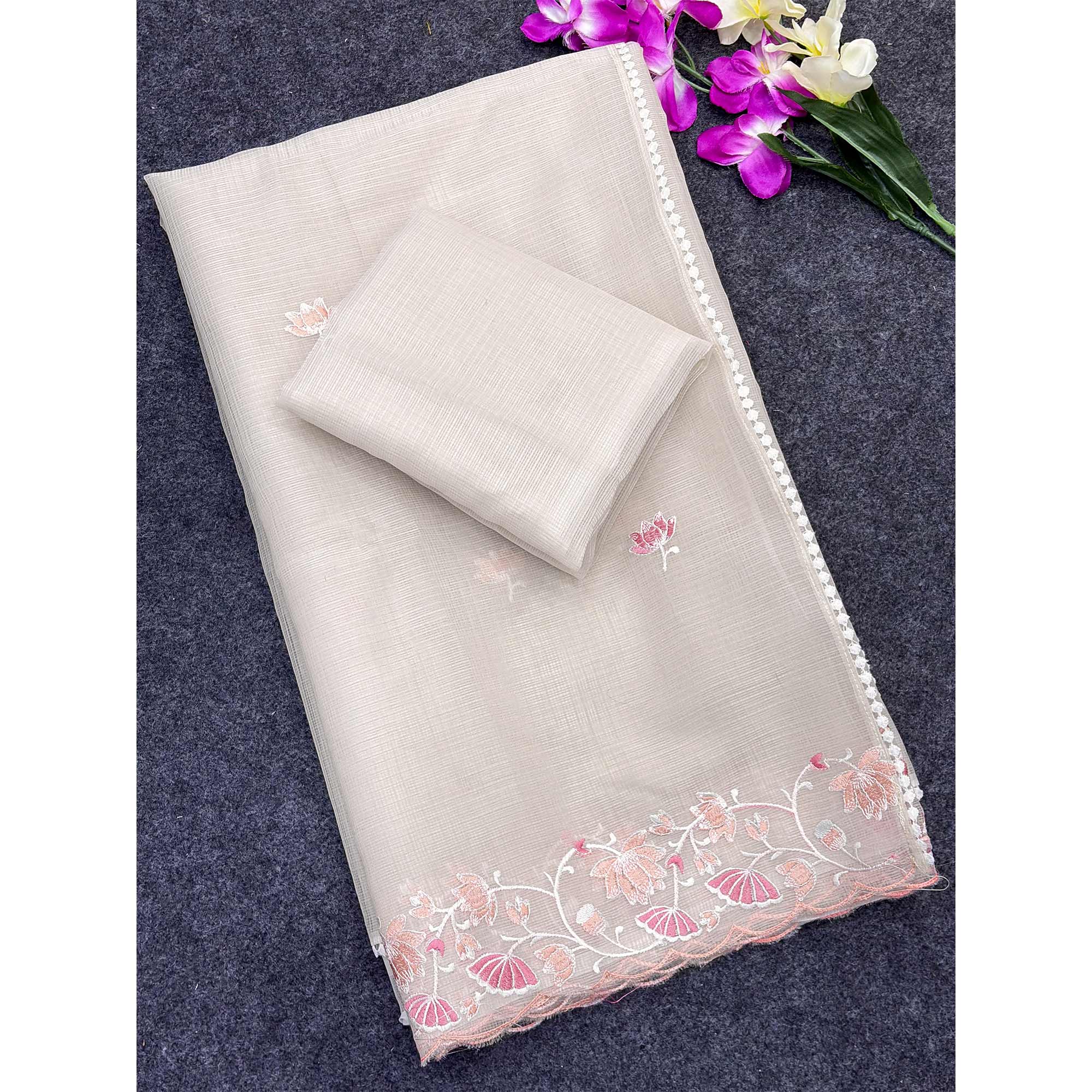 Cream Handwoven Kota Doria Saree Featuring Rich Gota Work for a Festive Look - Image 3