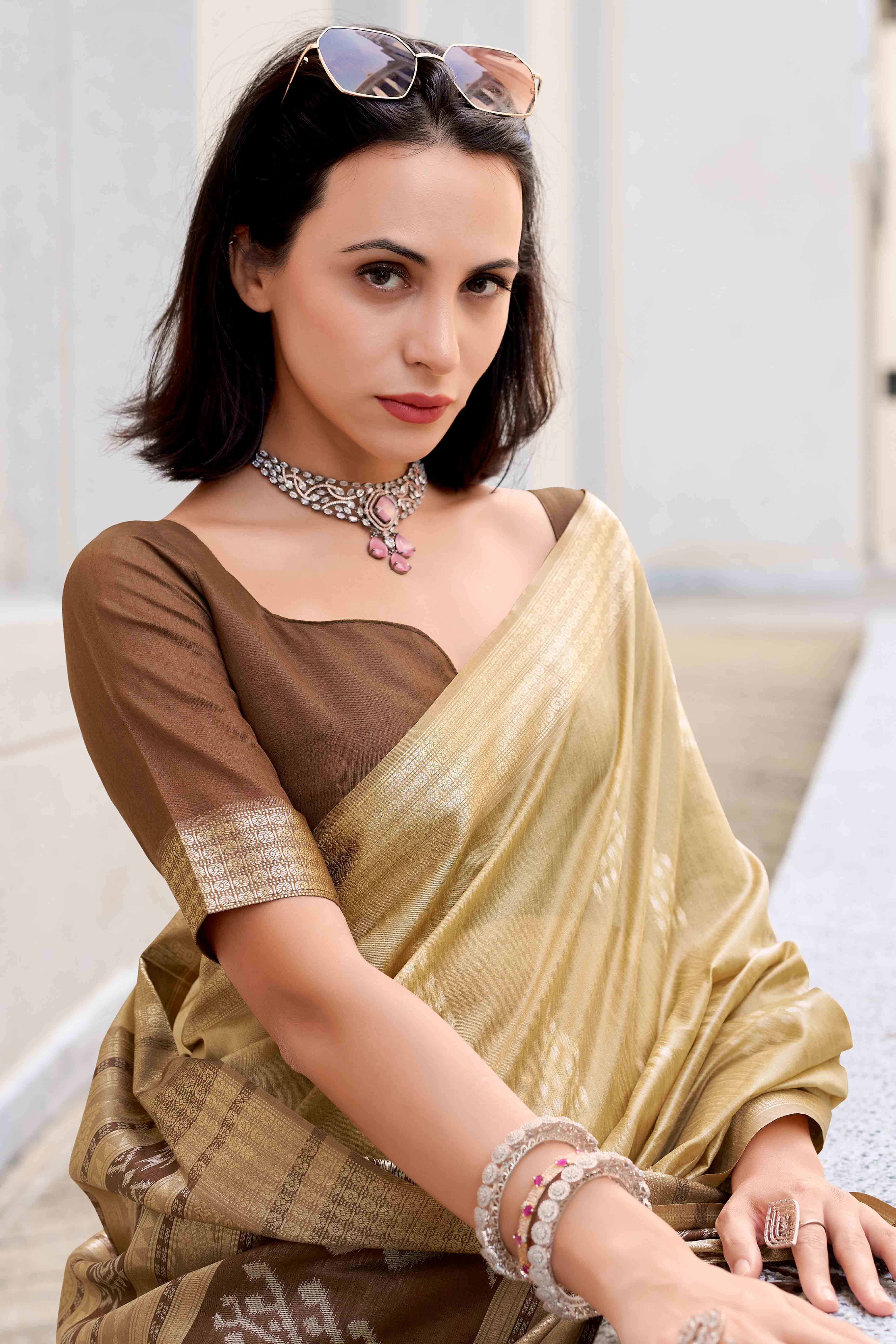 Cream Ikkat Woven Rayon Silk Saree - Image 3