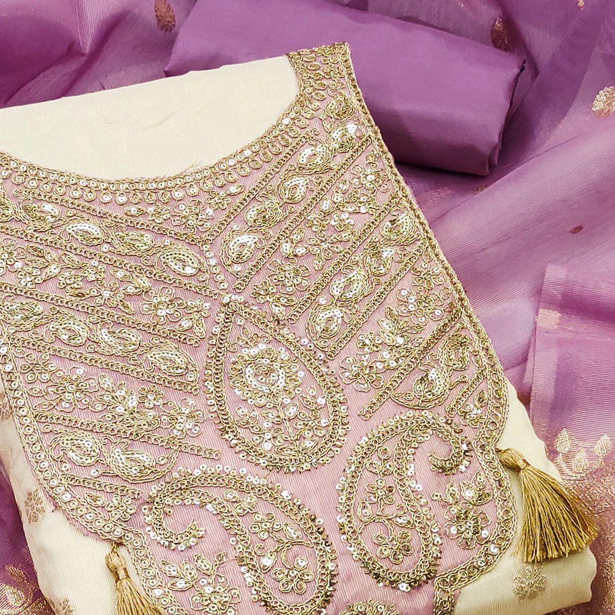 Cream & Lavender Butti Weaving Shimmer Silk Dress Material Accented With Sequins Cording Embroidery - Image 2
