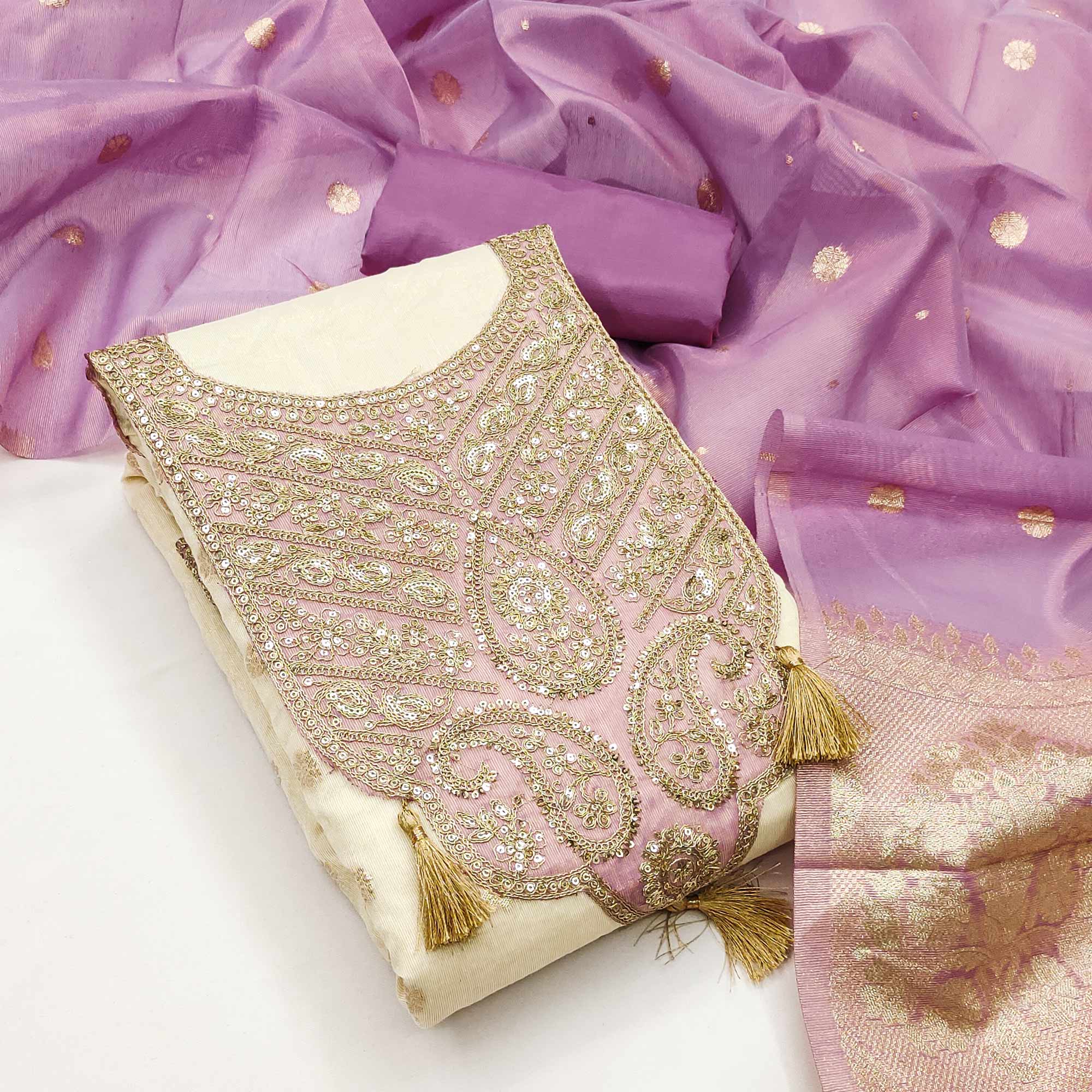 Cream & Lavender Butti Weaving Shimmer Silk Dress Material Accented With Sequins Cording Embroidery - Image 3