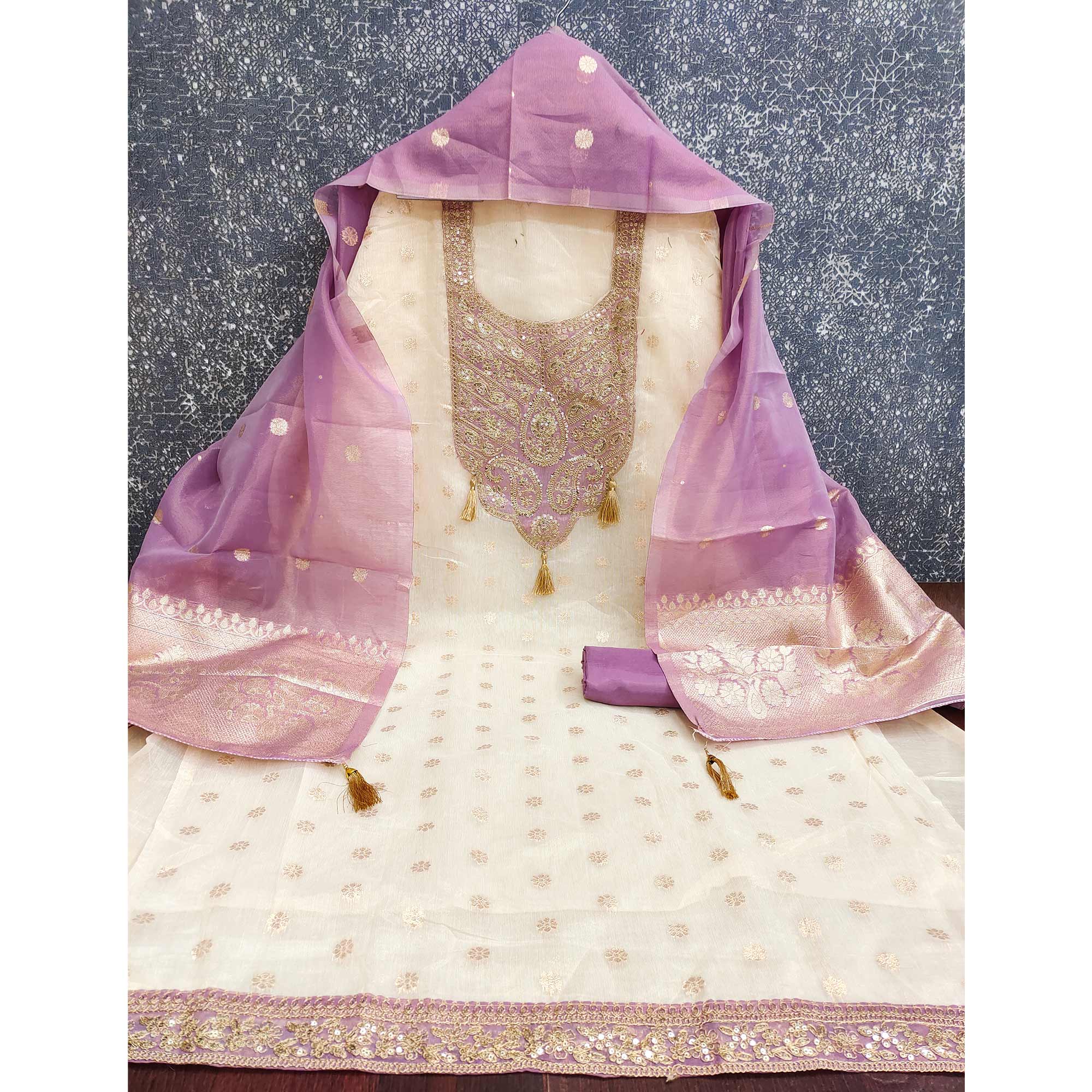 Cream & Lavender Butti Weaving Shimmer Silk Dress Material Accented With Sequins Cording Embroidery - Image 4