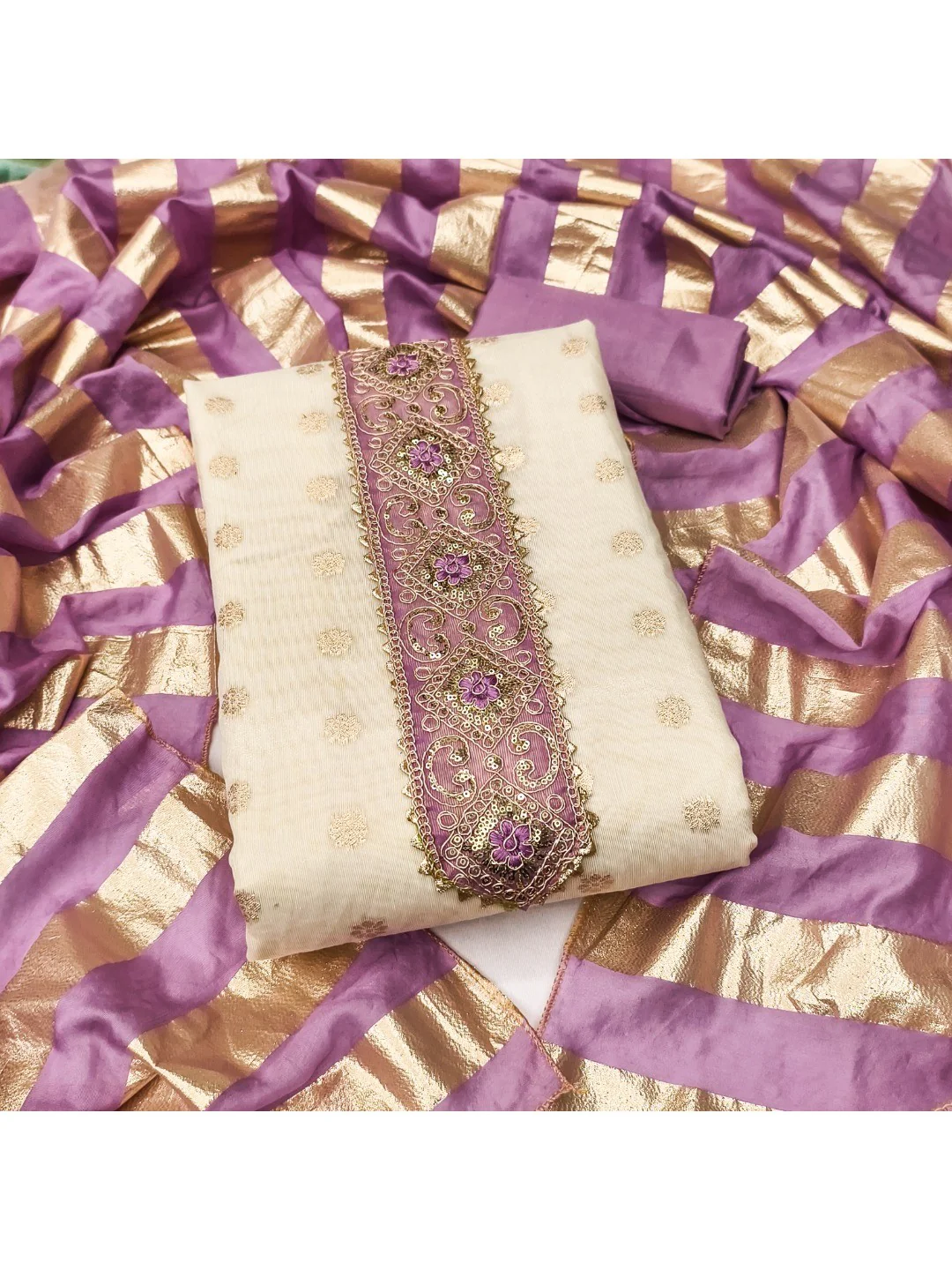 Cream & Lavender Floral Weaving Shimmer Dress Material Adorned With Elegant Sequins Embroidery - Image 3