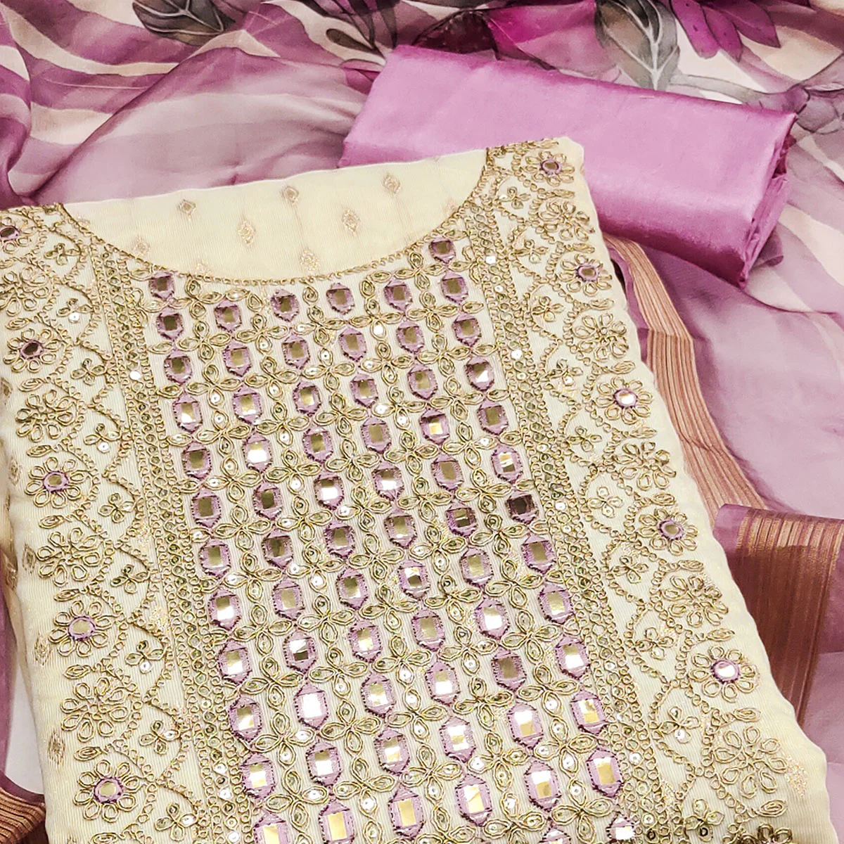 Cream & Lavender Shimmer Dress Material Featuring Butti Weaving With Sequins Cording Embroidery - Image 2
