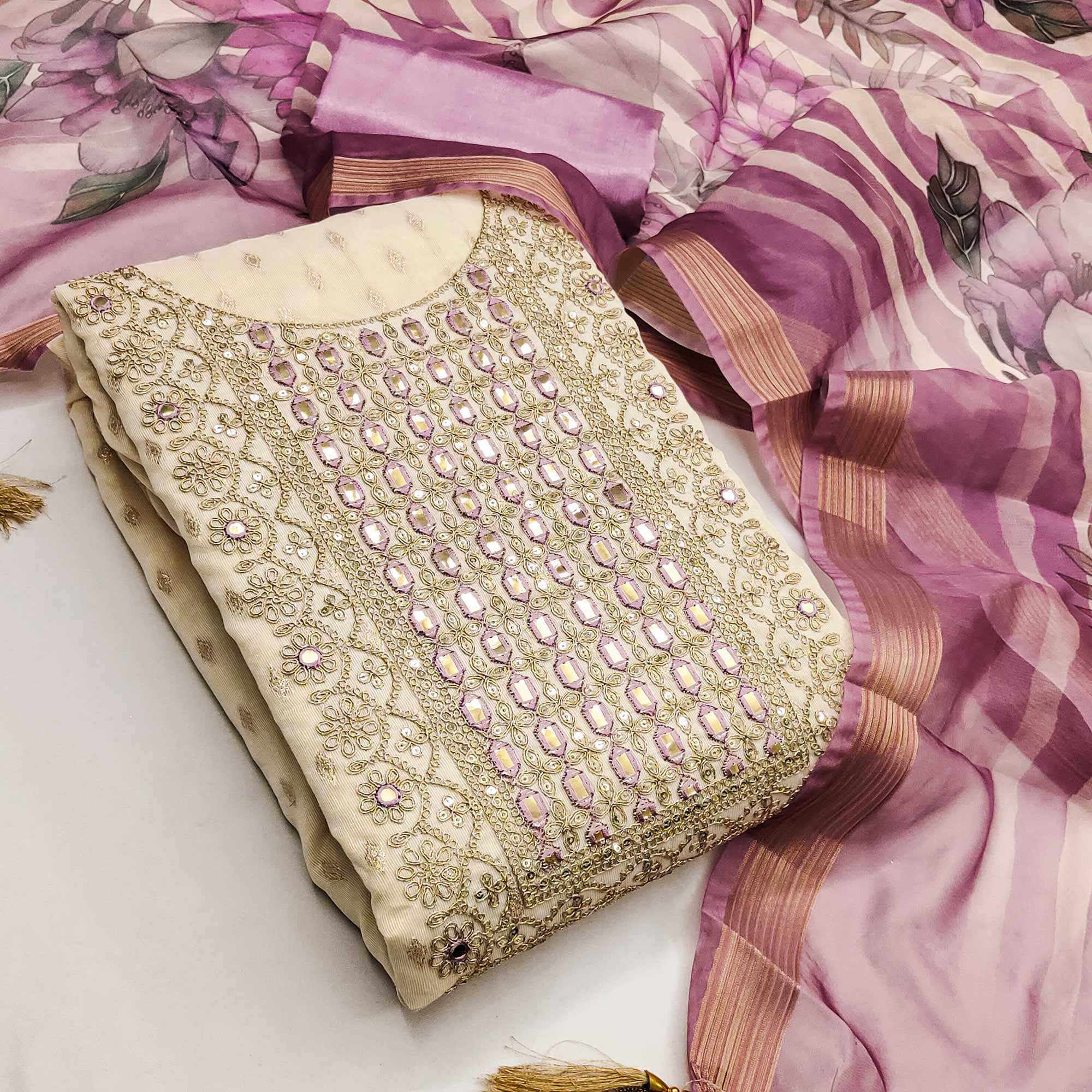 Cream & Lavender Shimmer Dress Material Featuring Butti Weaving With Sequins Cording Embroidery - Image 3