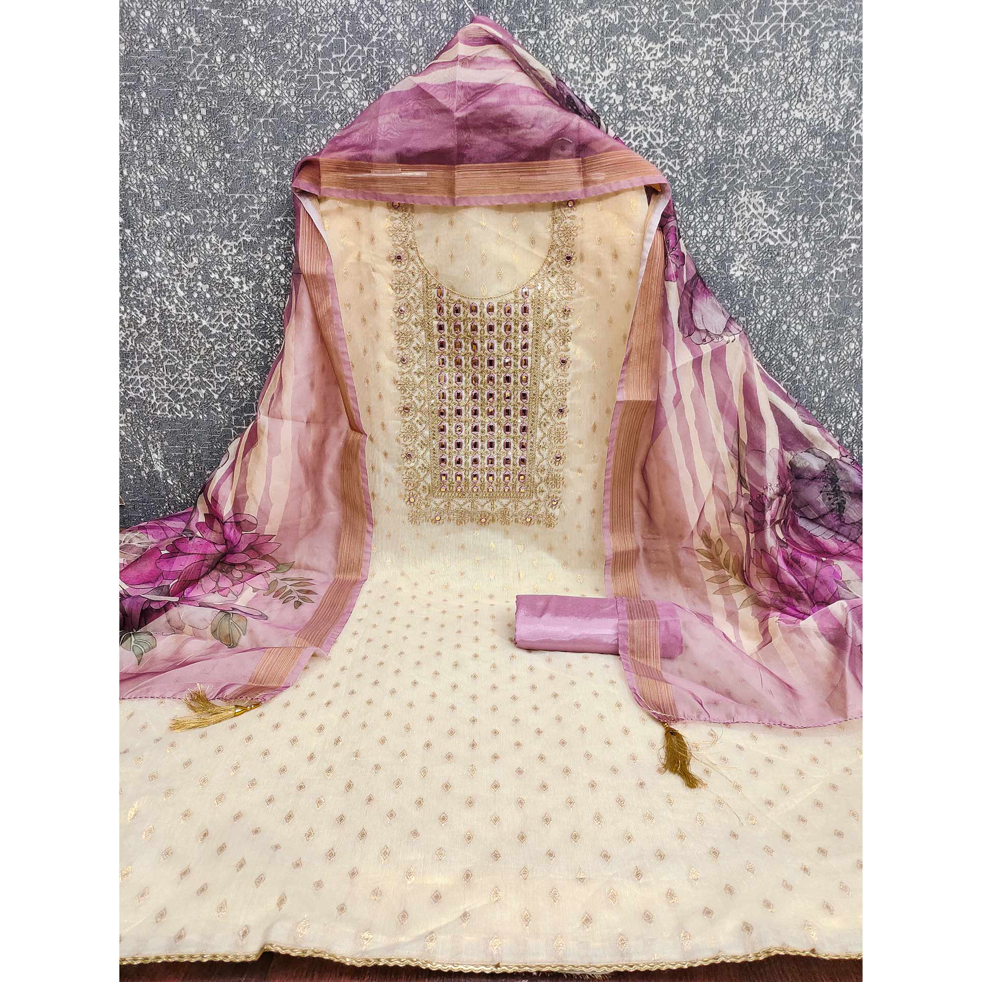 Cream & Lavender Shimmer Dress Material Featuring Butti Weaving With Sequins Cording Embroidery - Image 4