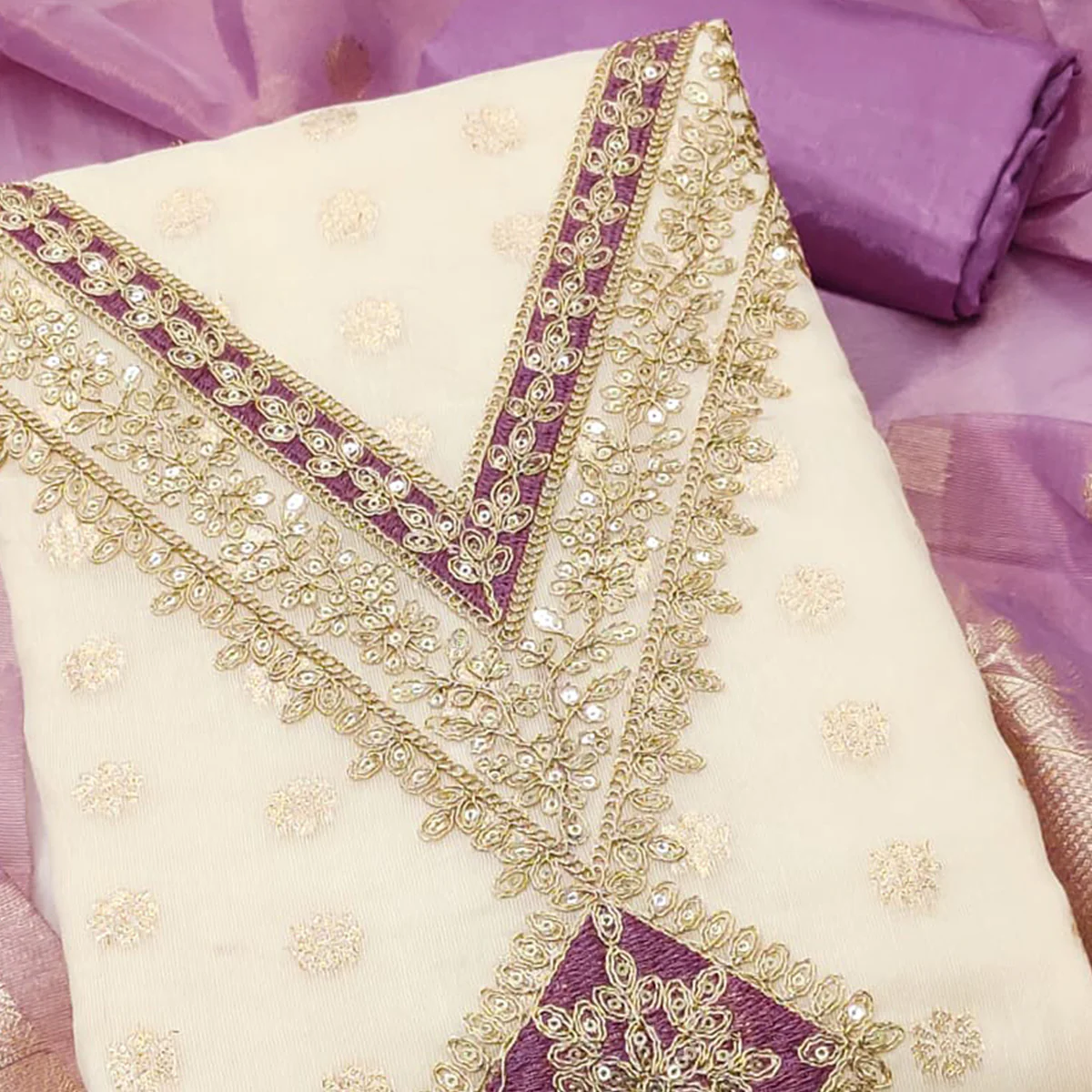 Cream & Lavender Shimmer Featuring Floral Butti Weaving With Cording Embroidered Dress Material - Image 2