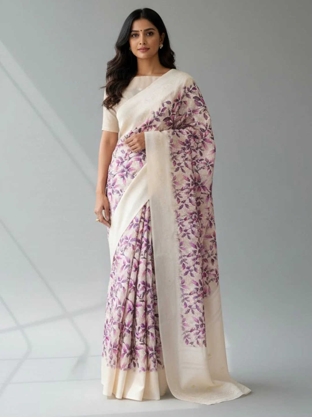 Cream Leaf Digital Print Silk Blend Lucknowi Saree With Jacquard Woven Border & Rich Pallu
