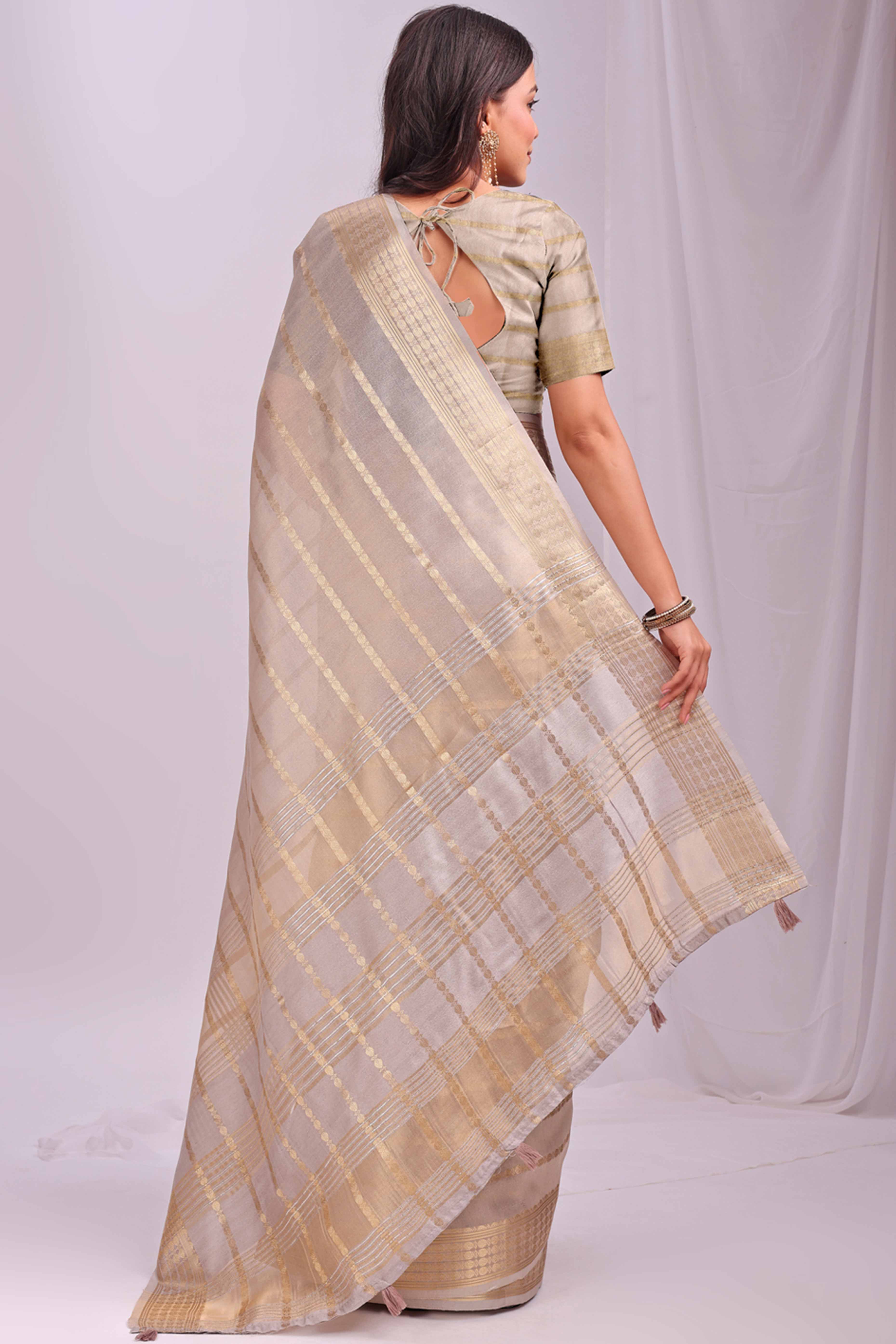 Cream Lightweight Organza Saree with Rich Zari Stripes Pattern - Image 5