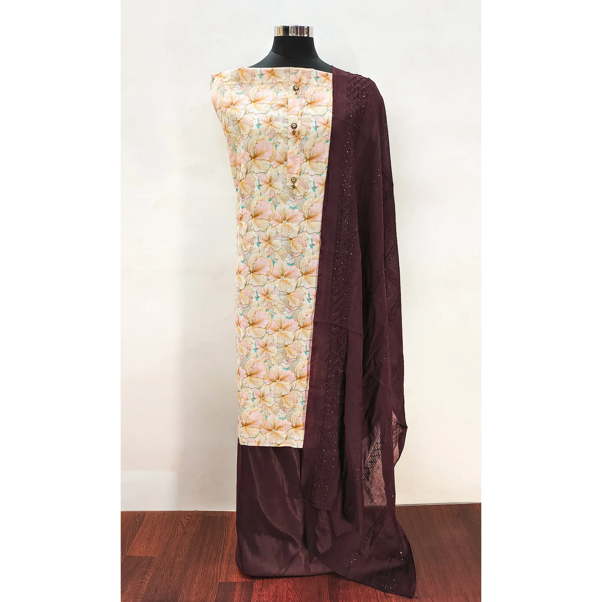 Cream Linen Dress Material With Delicate Floral Print - Image 3
