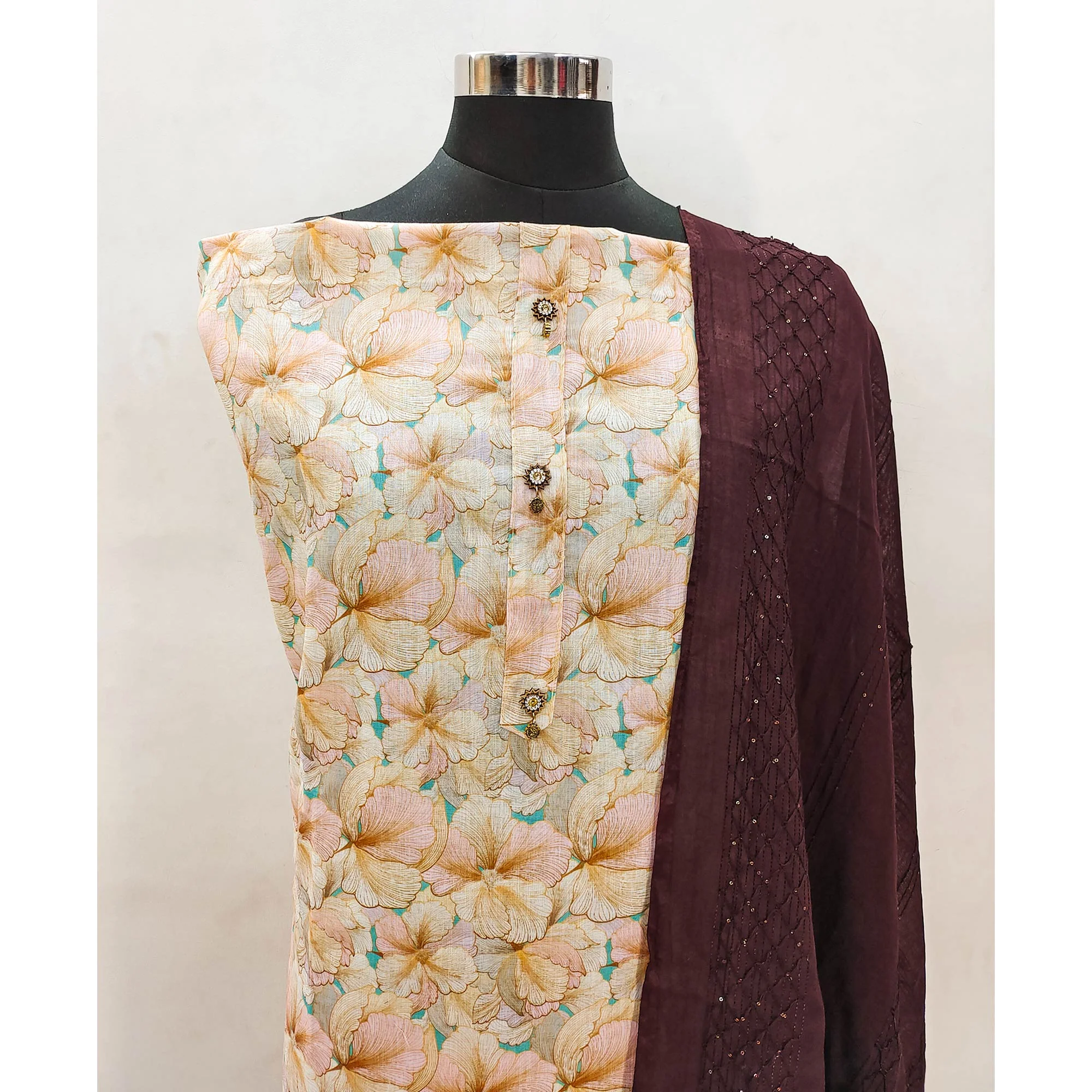 Cream Linen Dress Material With Delicate Floral Print - Image 4