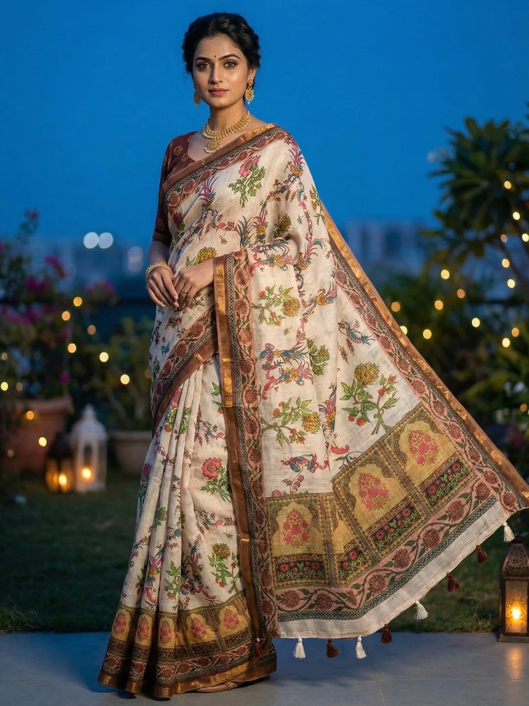 Cream Linen Floral Printed Saree with Brown Blouse for Stylish Ethnic Wear