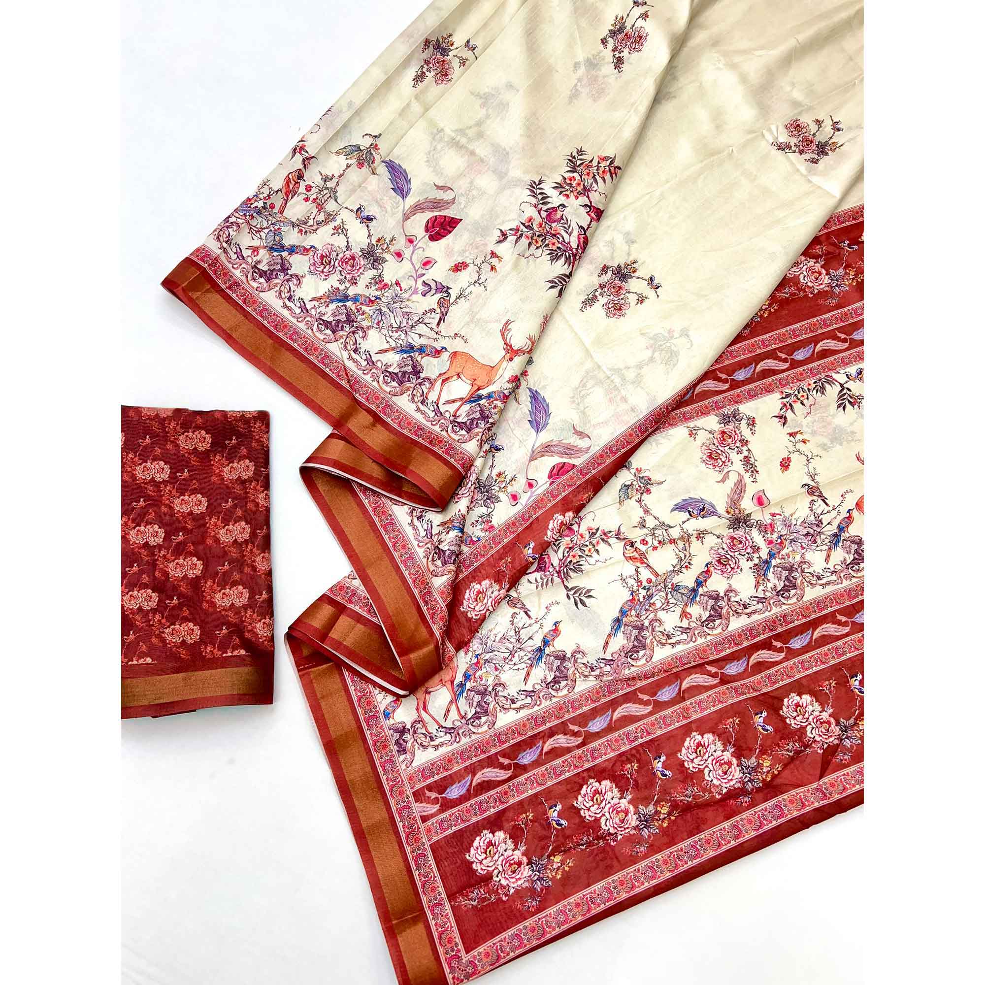 Cream Majestic Floral & Birds Digital Printed Dola Silk Saree With Refined Zari Border - Image 3