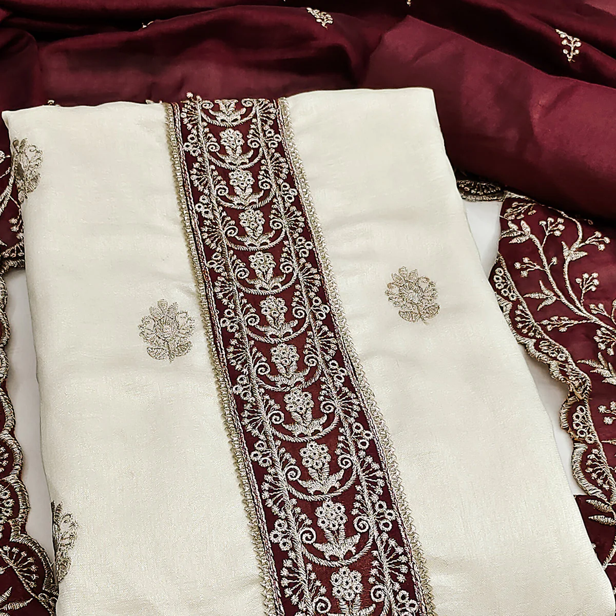 Cream & Maroon Vichitra Silk Dress Material Featuring Intricate Floral Zari Embroidery - Image 2