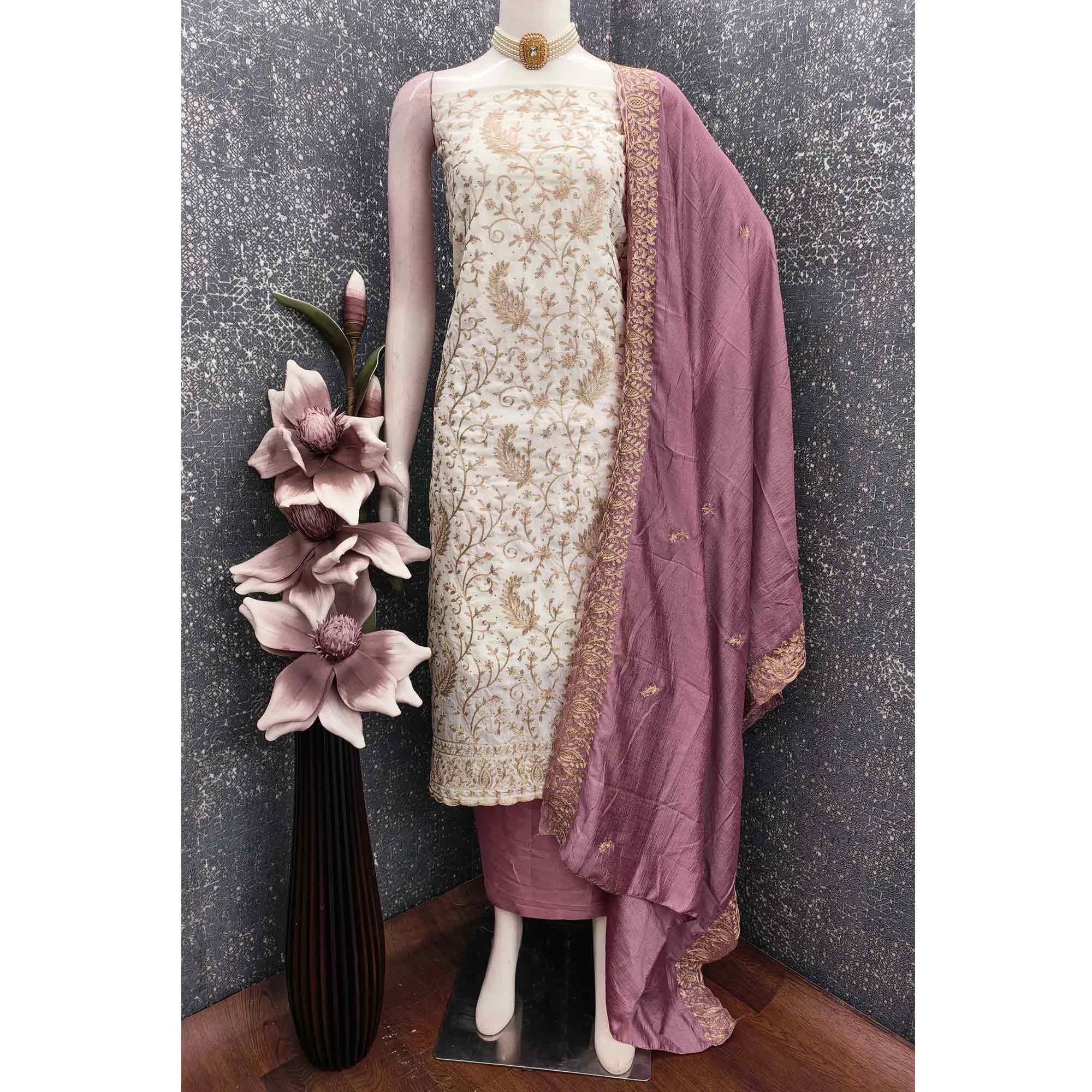 Cream & Mauve Lustrous Vichitra Silk Dress Material Accented with Artistic Thread Embroidery - Image 3