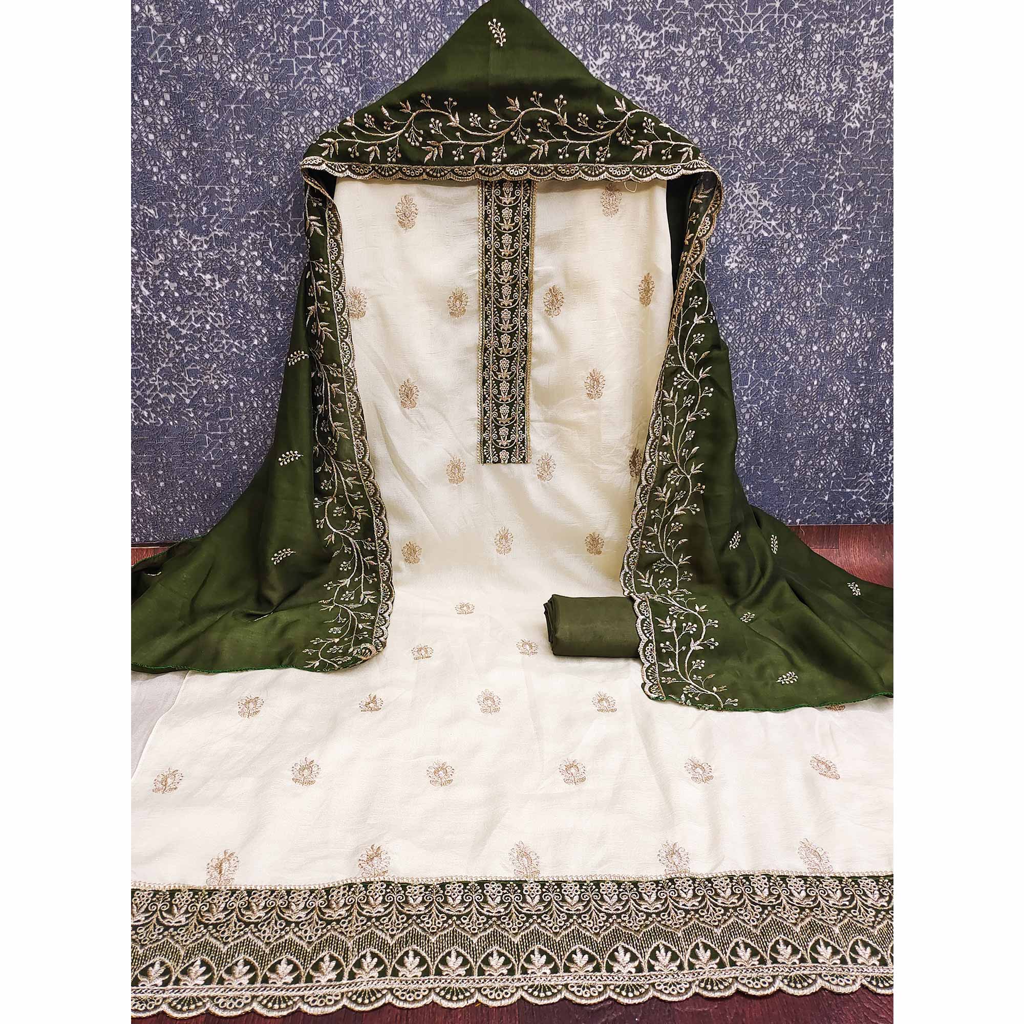 Cream & Mehendi Green Vichitra Silk Dress Material Featuring Intricate Floral Zari Embroidery - Image 4