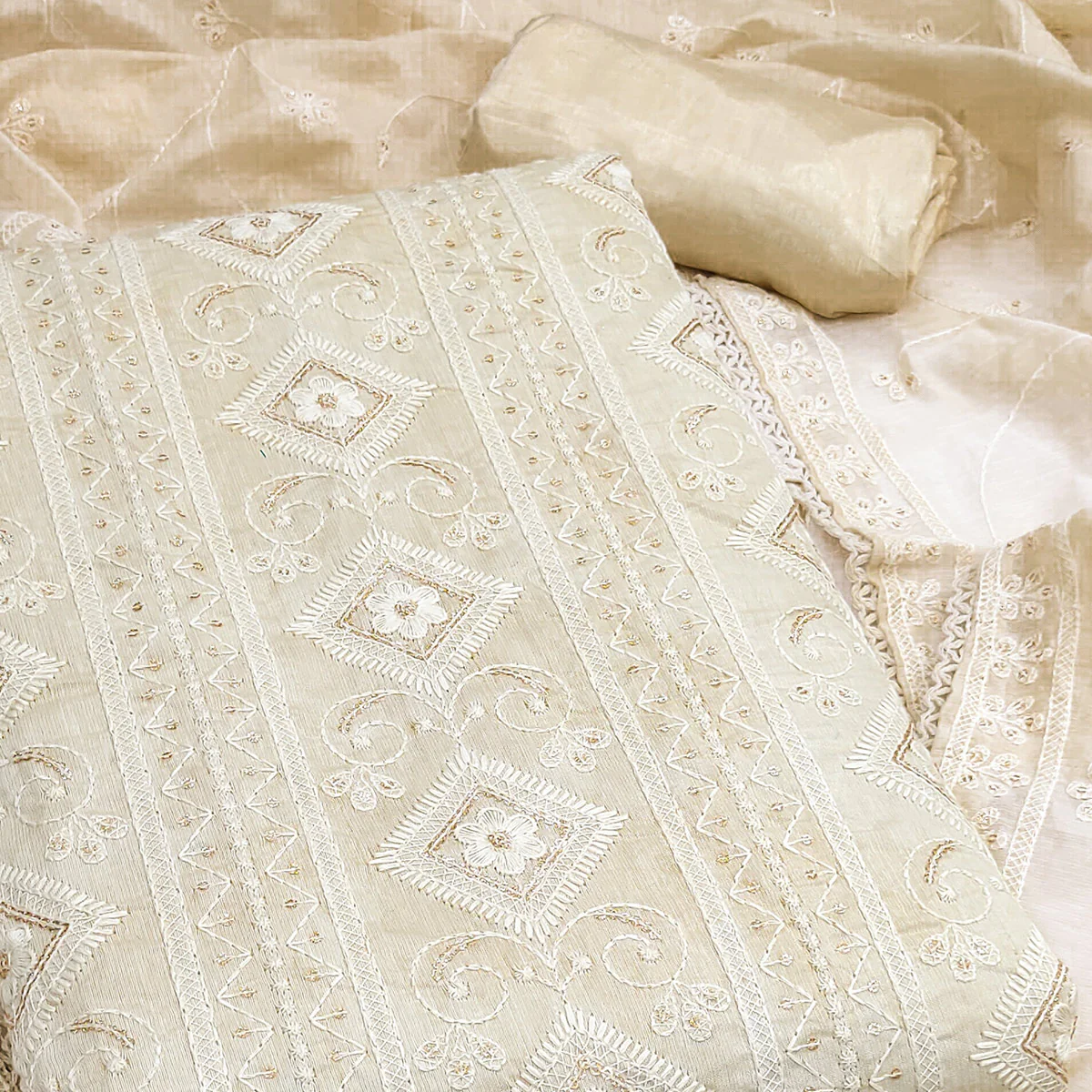 Cream Modal Chanderi Silk Dress Material Adorned With Elegant Floral Lucknowi Embroidery Work - Image 2