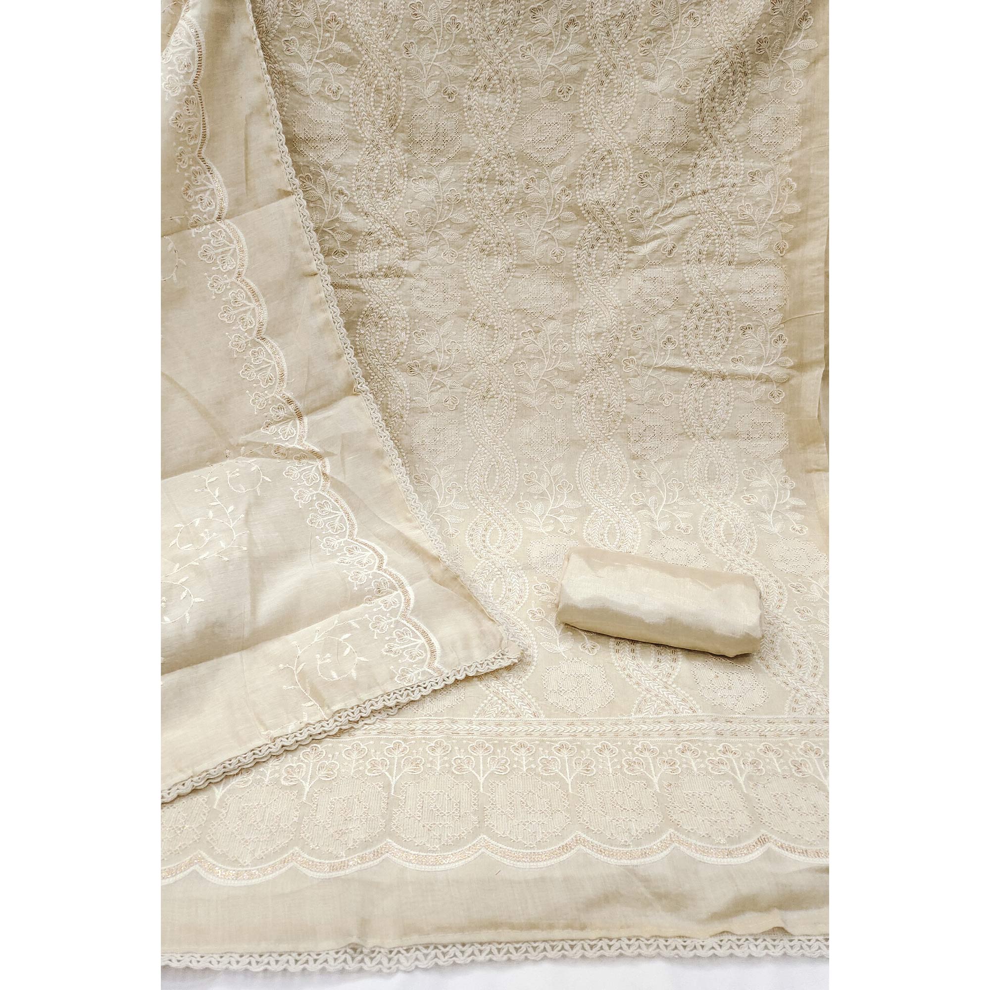 Cream Modal Chanderi Silk Dress Material Adorned With Elegant Floral Lucknowi Embroidery Work - Image 3